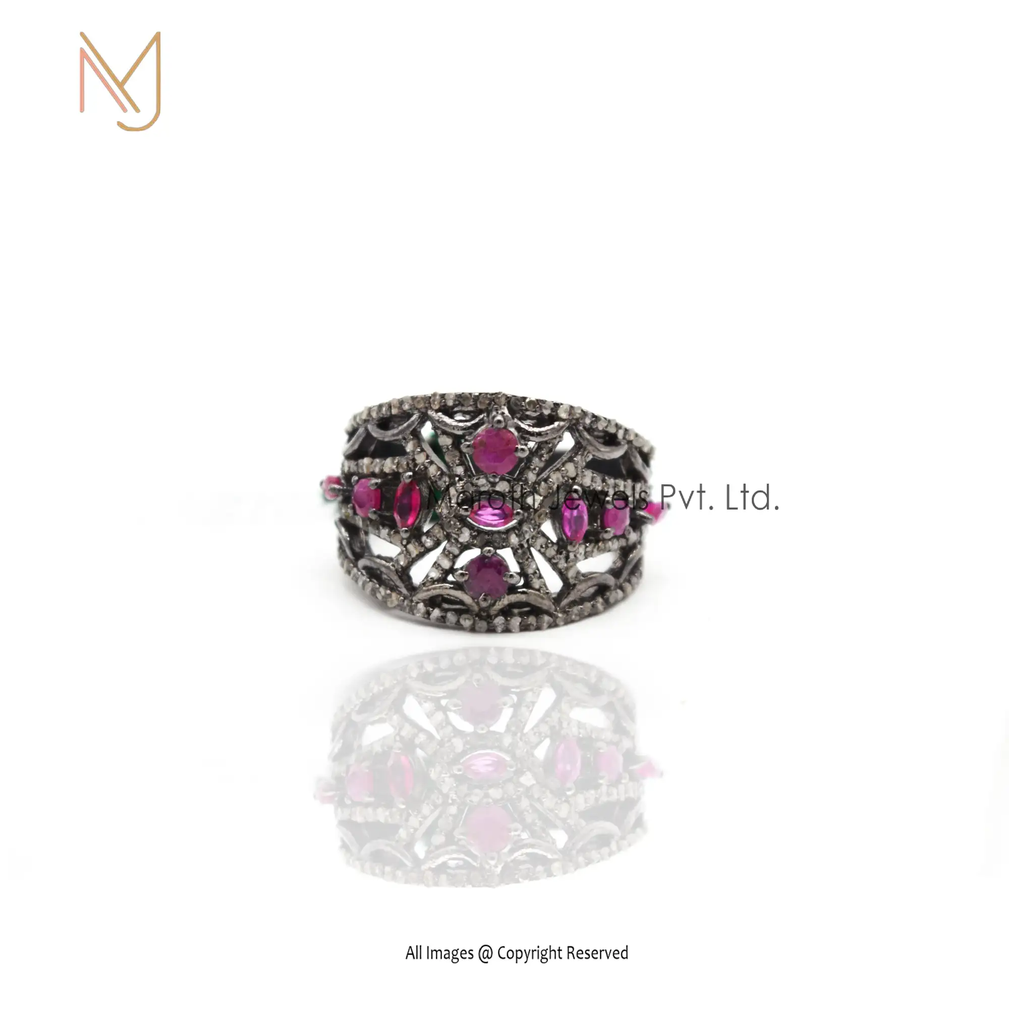 925 Silver Rhodium Plated Pave Diamond And Pink Sapphire Gemstone Ring Jewelry Manufacturer