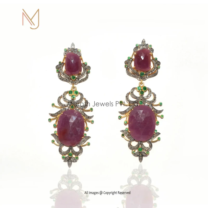 925 Silver Rhodium Yellow Gold Plated Pave Diamond Emerald Ruby Gemstone Earrings USA