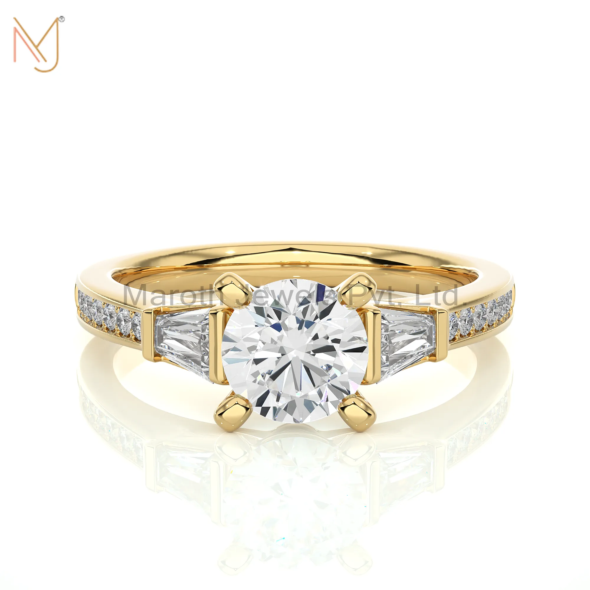 14K Yellow Gold Moissanite Diamond Round Baguette Ring Jewelry Supplier