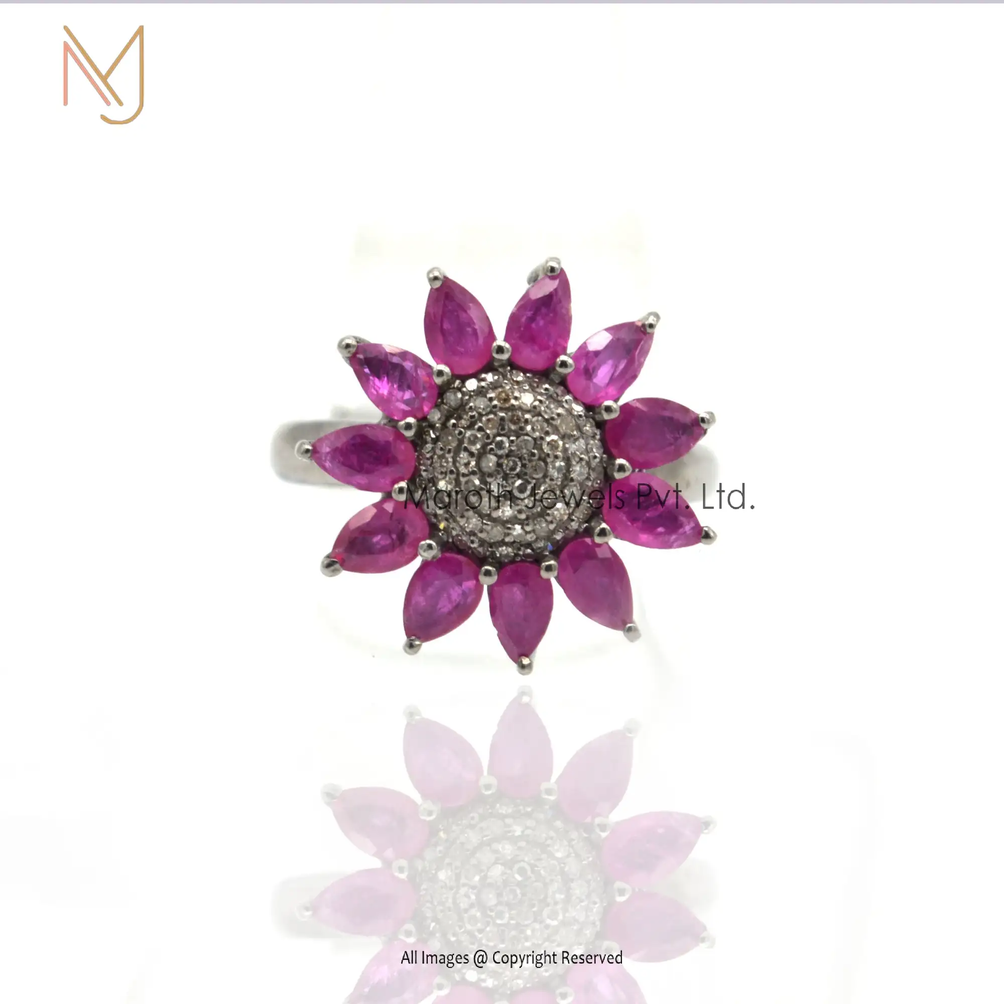 Wholesale 925 Silver Rhodium Plated Pave Diamond Ruby Gemstone Flower Ring