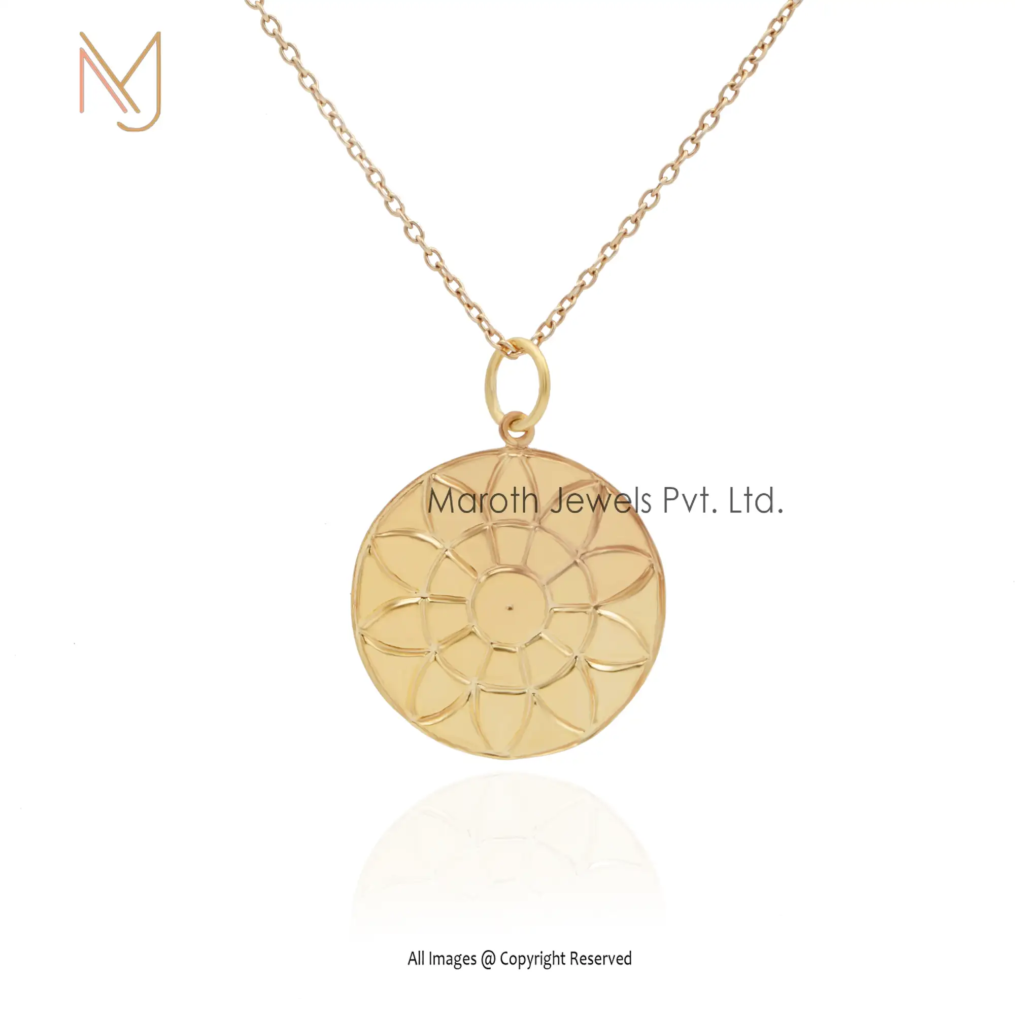 14K Yellow Gold Round Disc Flower Pendant Jewelry Manufacturer