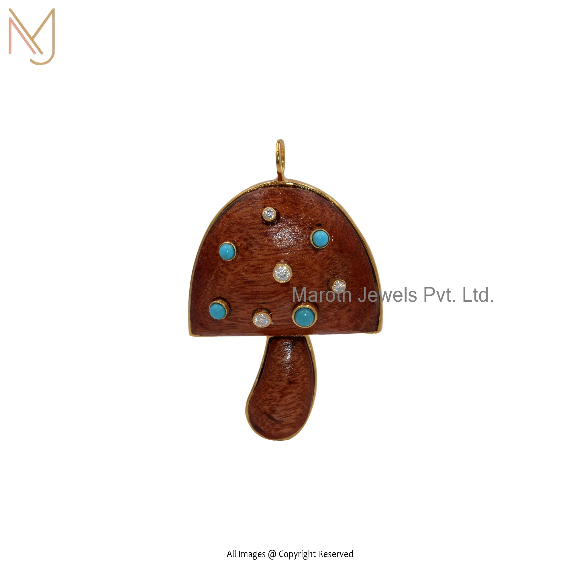 925 Silver Yellow Gold Plated Wooden & Turquoise & Cz Mushroom Pendant Jewelry Supplier