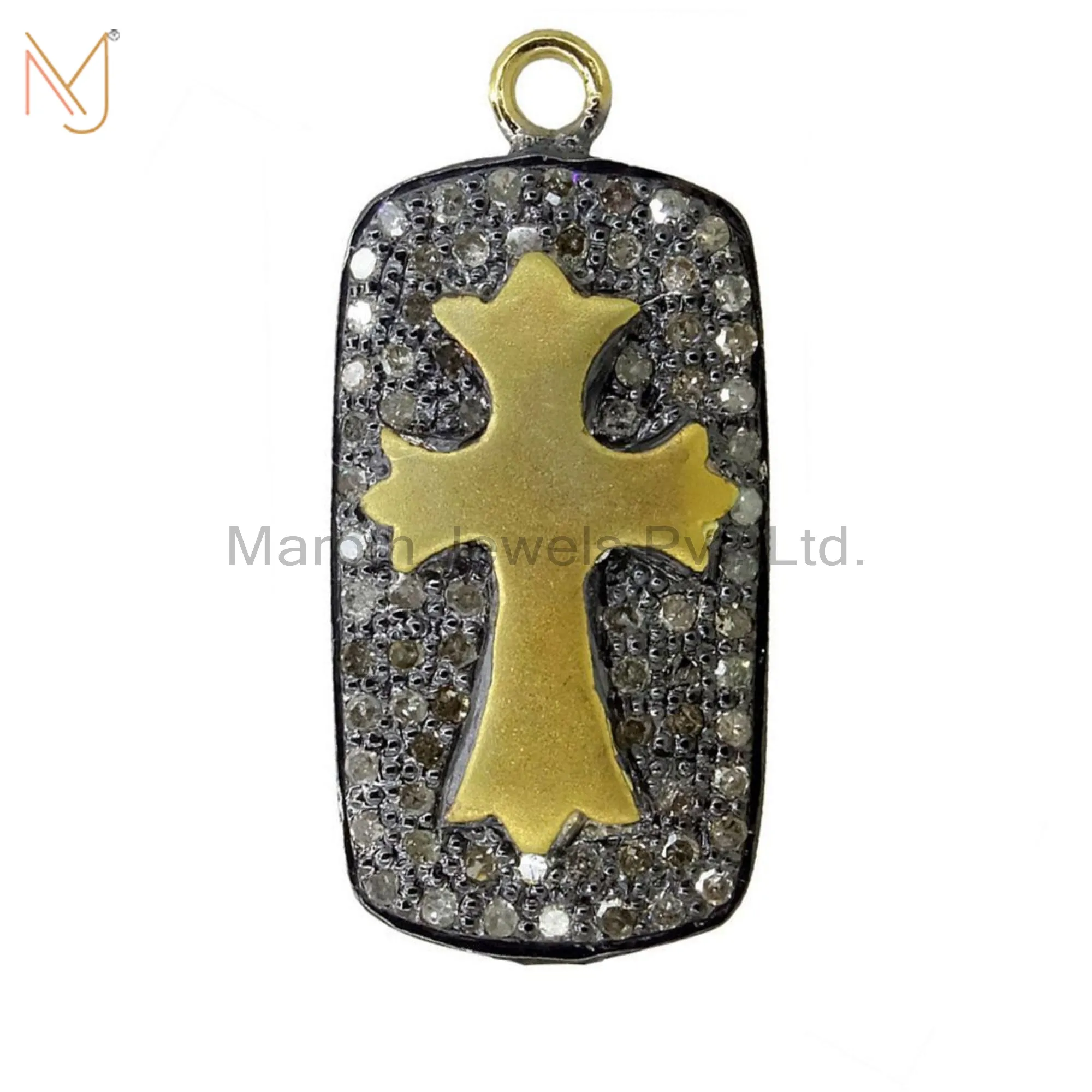 925 Silver Yellow Gold Pave Diamond Vintage Style Religious Cross Pendant Jewelry Supplier