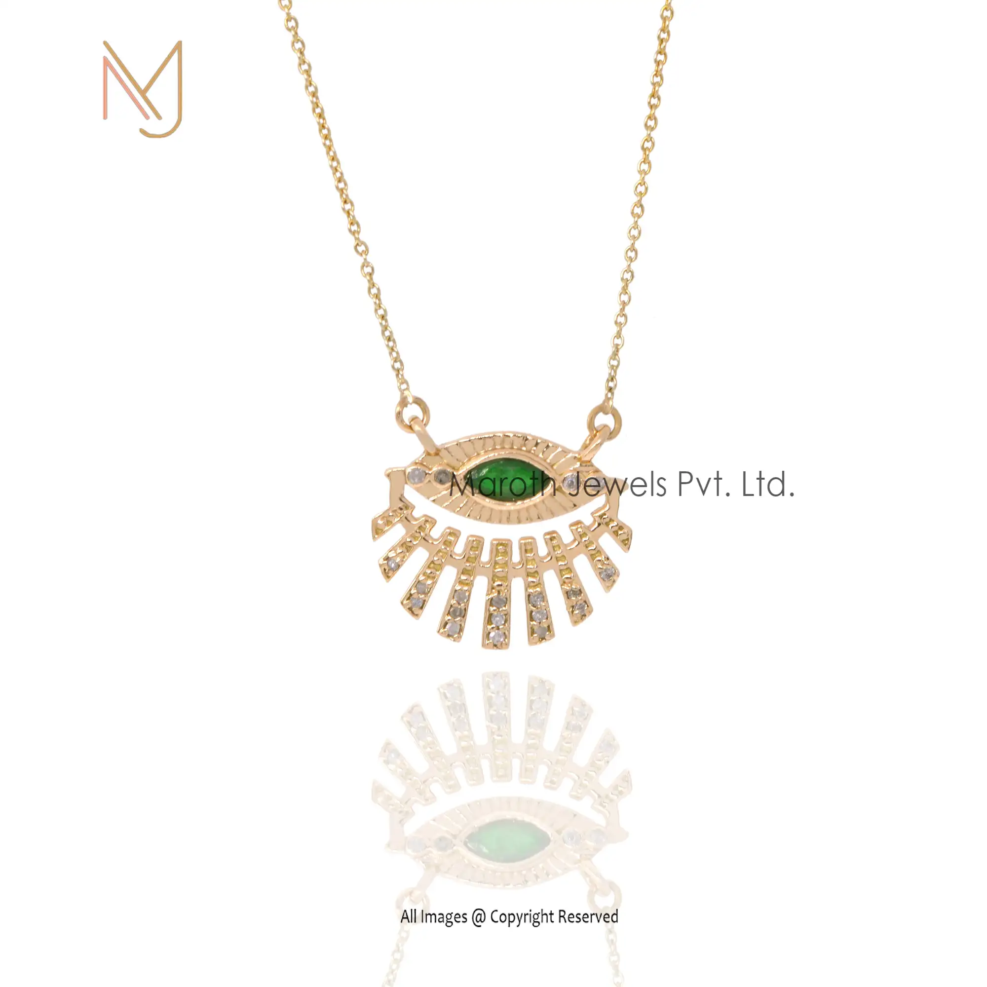 14K Yellow Gold With Diamond And Emerald Gemstone Evil eye Pendant Chain Necklace Manufacturer