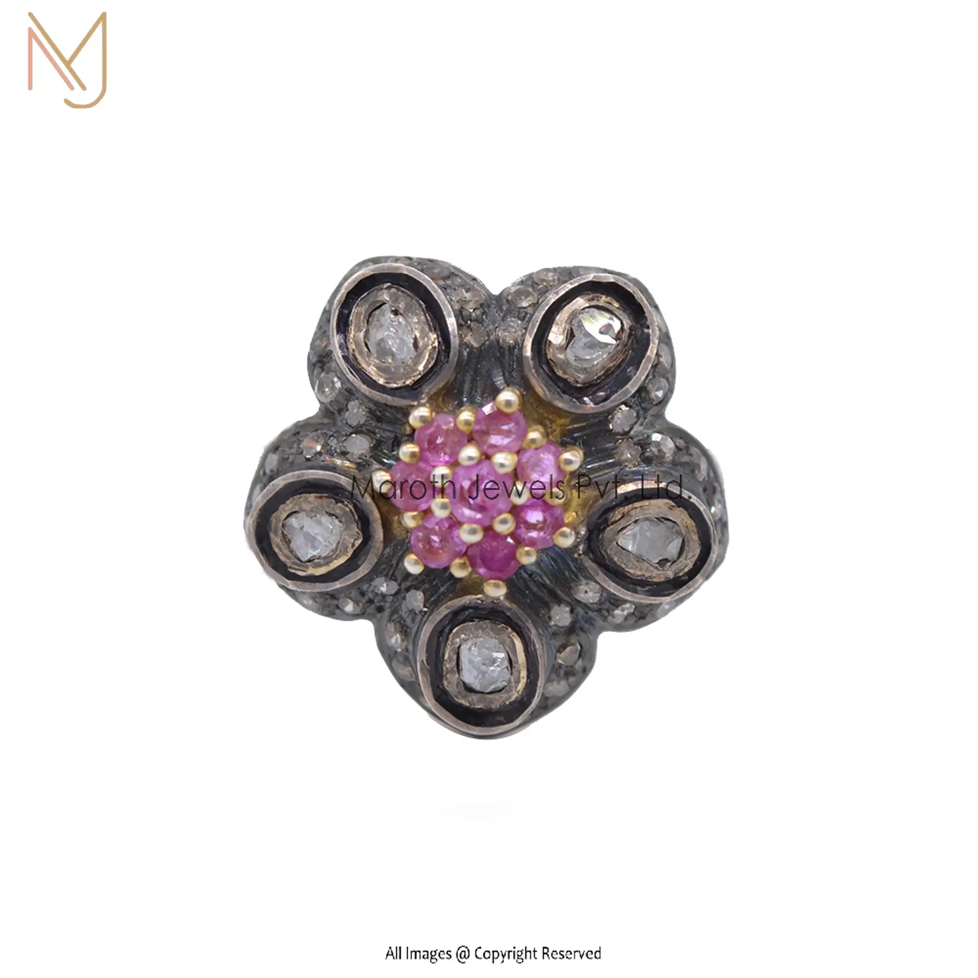 Wholesale 925 Silver Rhodium Yellow Gold Pave Diamond Ruby Gemstone & Rose Cut Diamond Ring