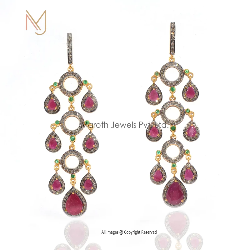 925 Silver Rhodium Yellow Gold Plated Pave Diamond Emerald Ruby Gemstone Earrings USA