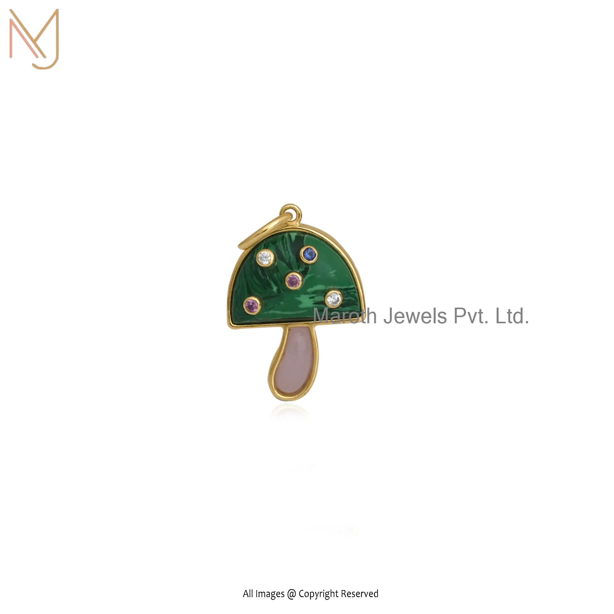 14K Yellow Gold Malachite, Rose Quartz & Multi Gemstone Mushroom Pendant Jewelry Supplier