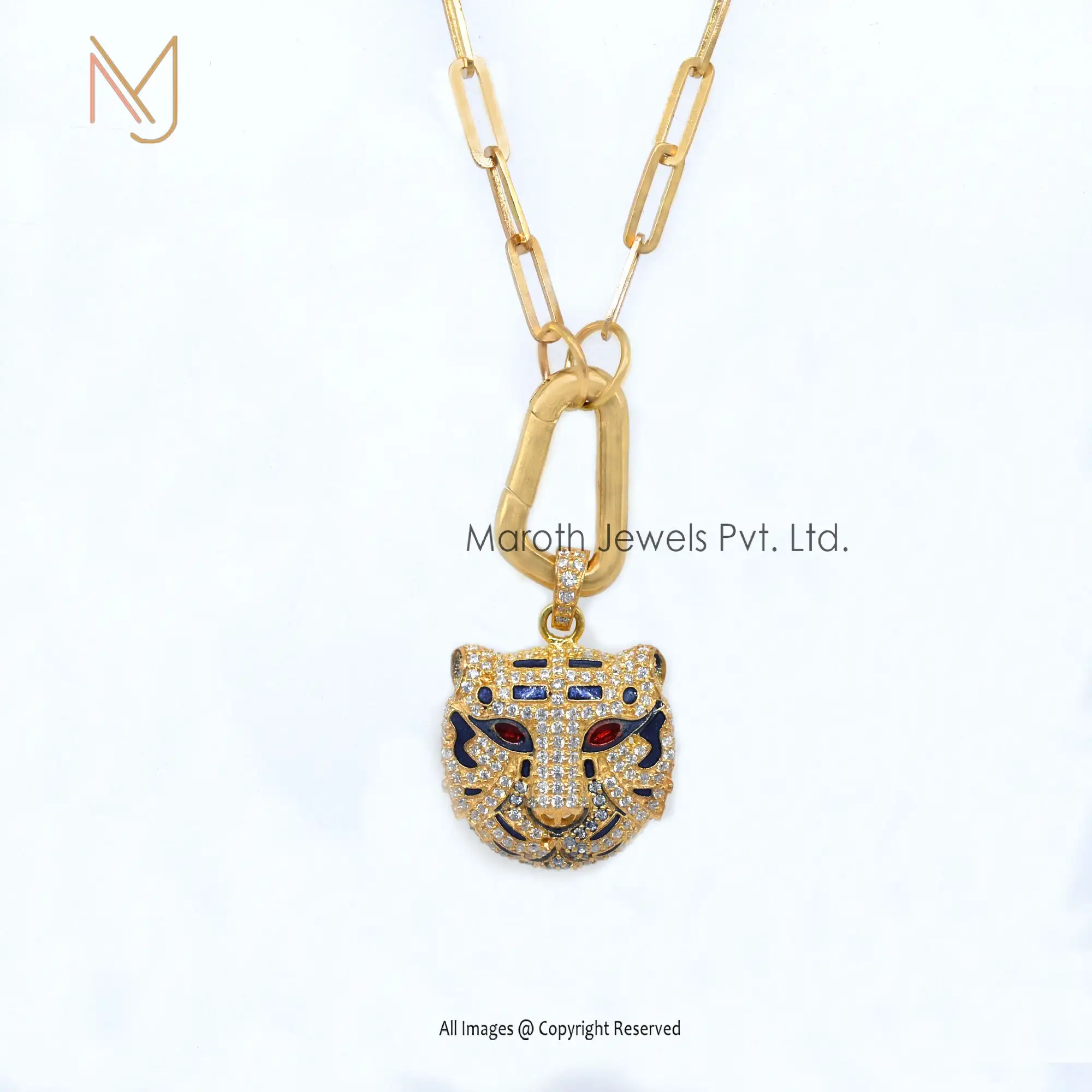 Wholesale 925 Slver White Gold Plated Cubic Zircon Blue & Red Enamel Tiger Pendant Jewelry