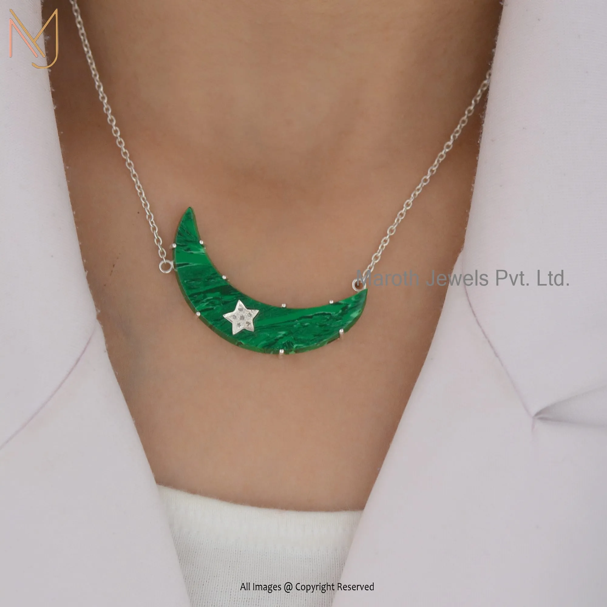 Private Label 925 Silver Malachite & Diamond Celestial Crescent Necklace