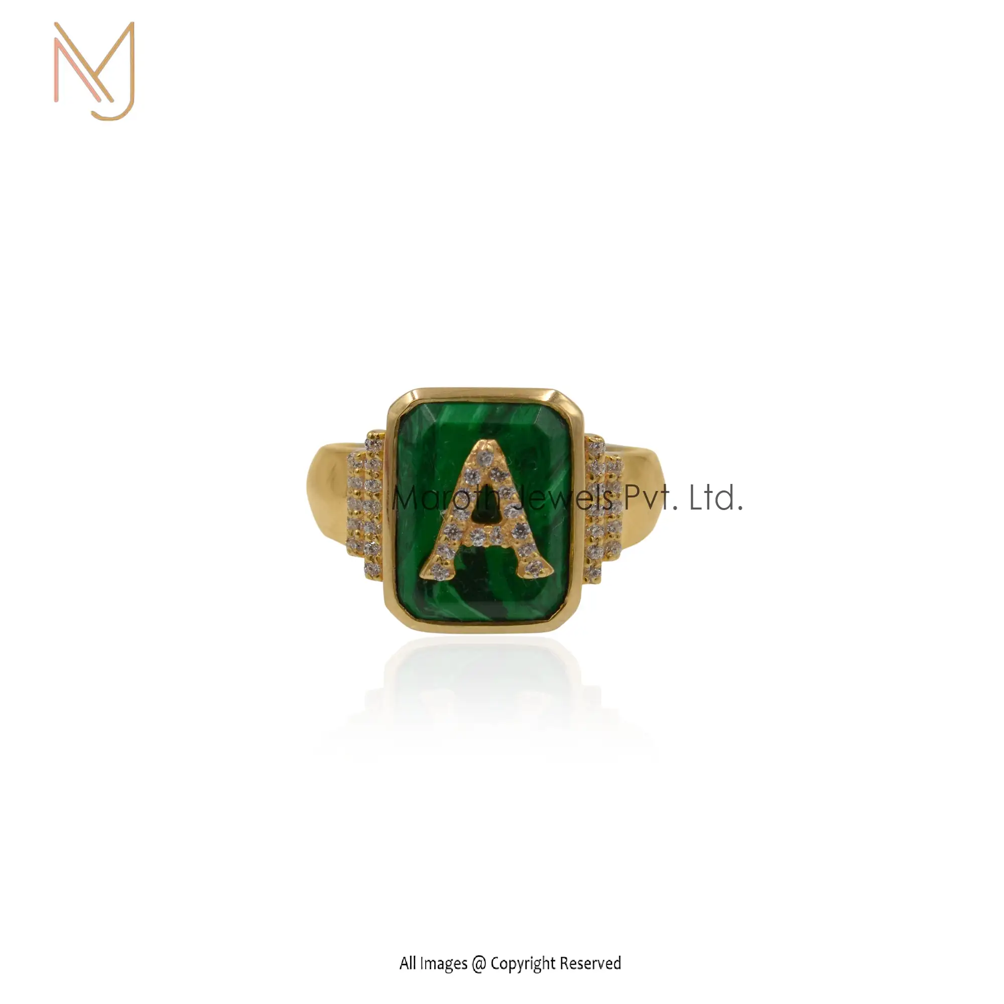 14K Yellow Gold Malachite Square Signet Initial CZ Ring Jewelry Manufacturer