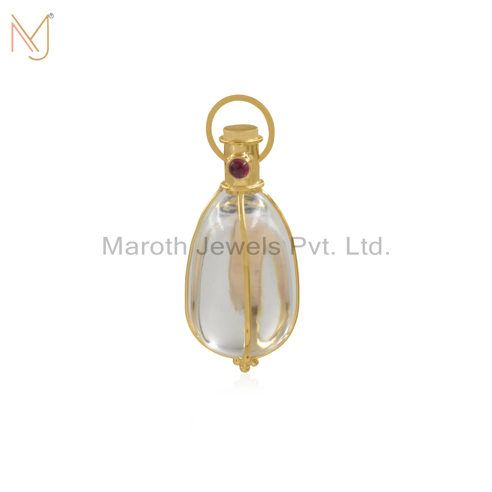 14K Yellow Gold plated rock crystal & ruby amulet pendant Custom Jewelry