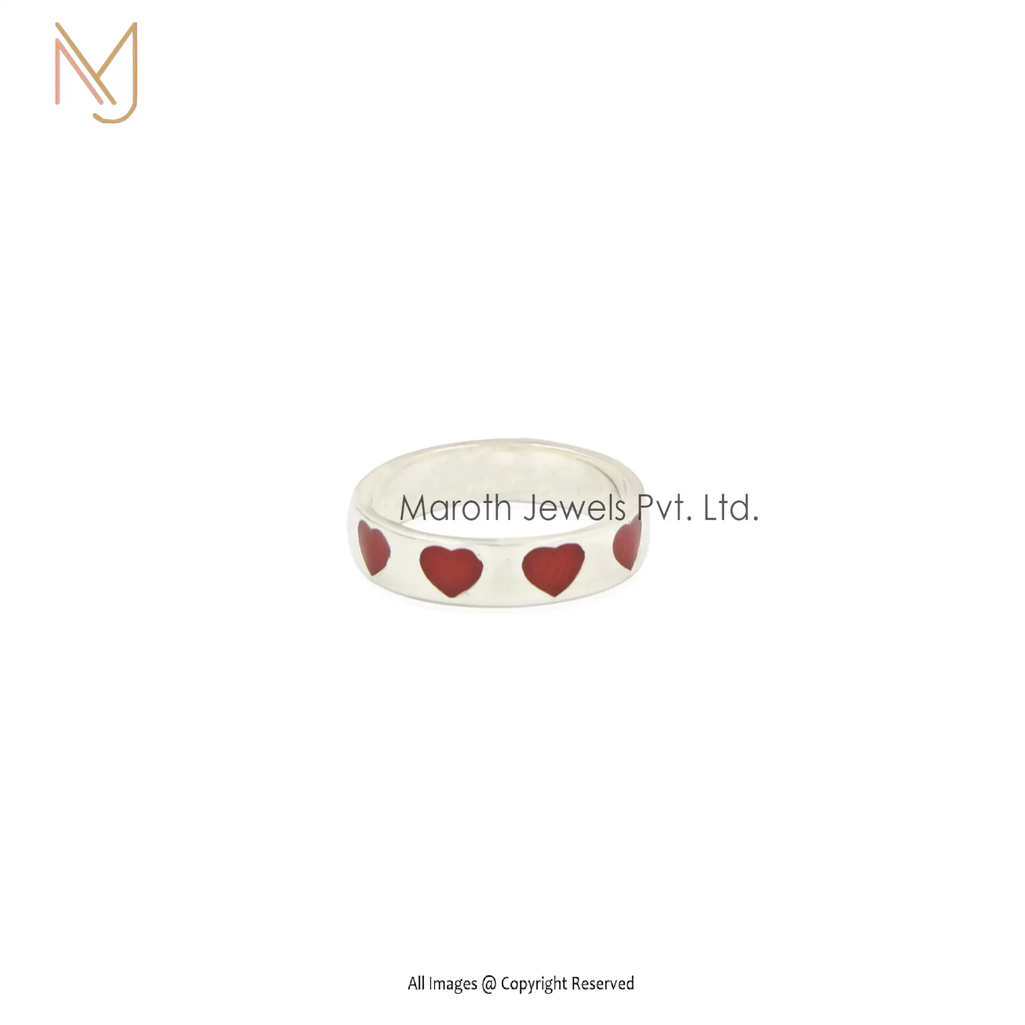 925 Silver Natural Silver Plated Red Enamel Heart Band Ring Manufacturer