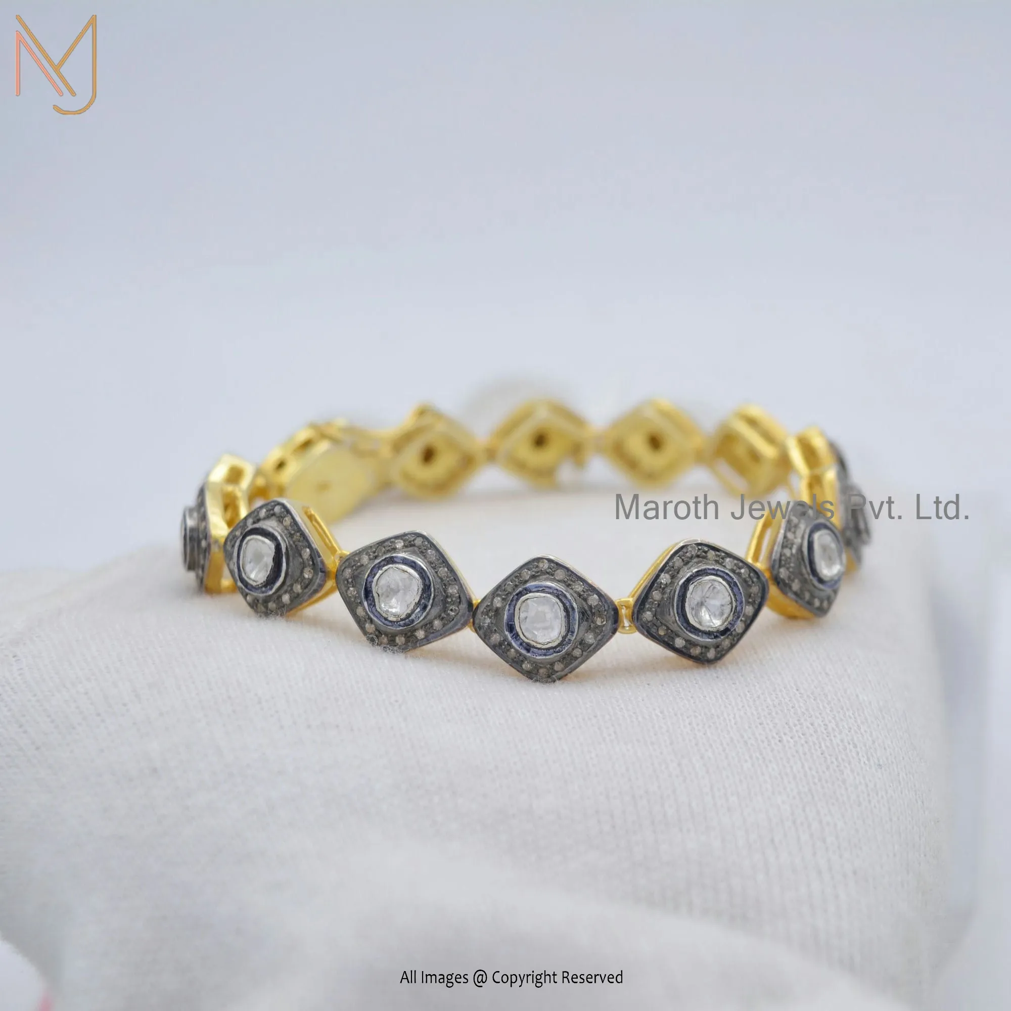 925 Silver Yellow Gold RH Pave Diamond & Rose Cut Diamond Bracelet Jewelry Manufacturer