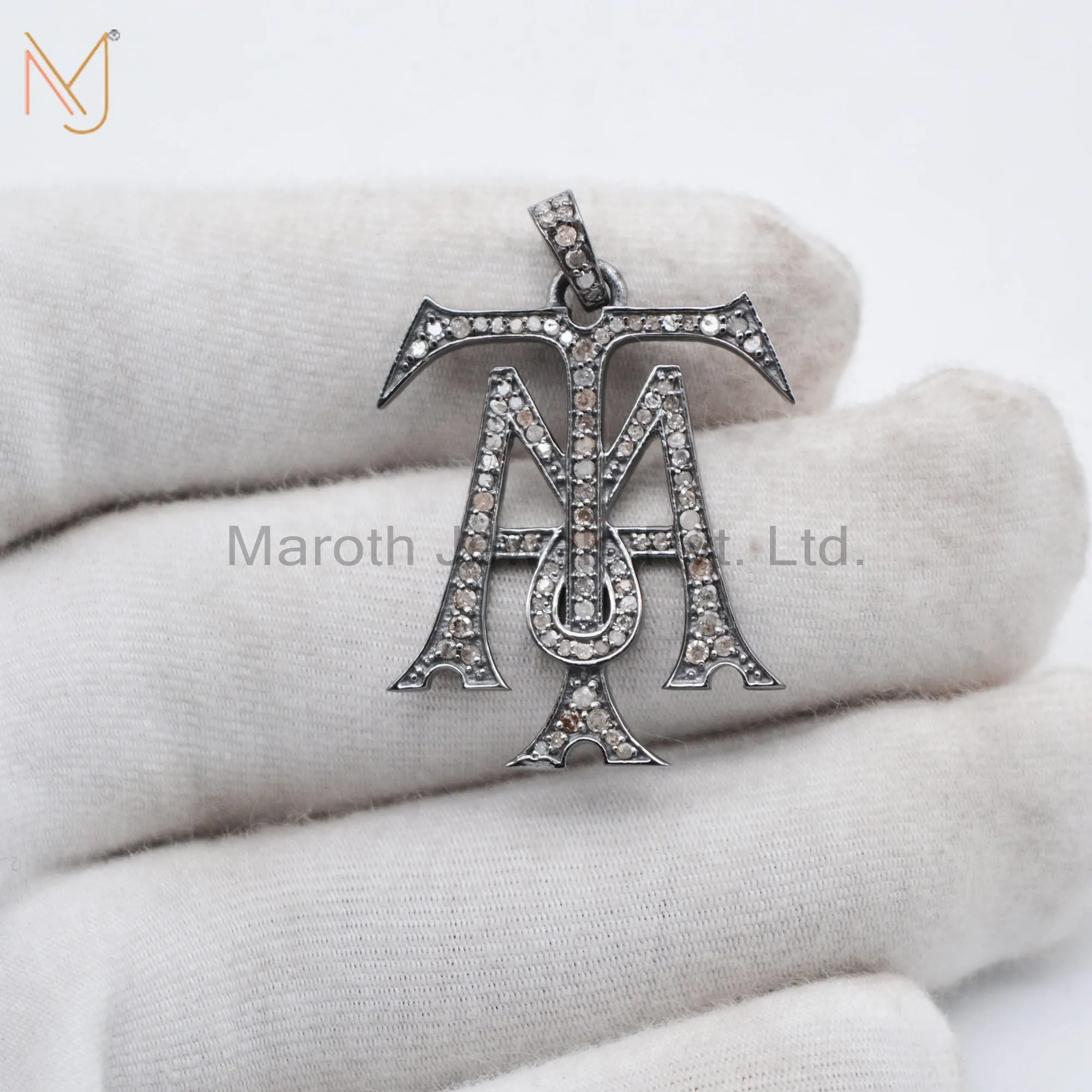 925 Silver White Gold Plated  Pave Diamond TM Monogram Pendant Jewelry Manufacturer