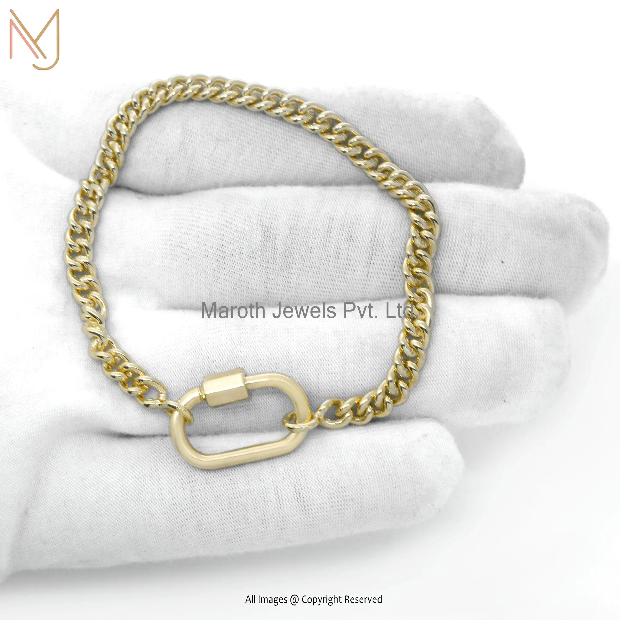 925 Silver Yellow Gold Plated Curb Chain With Carabiner Lock Bracelet USA