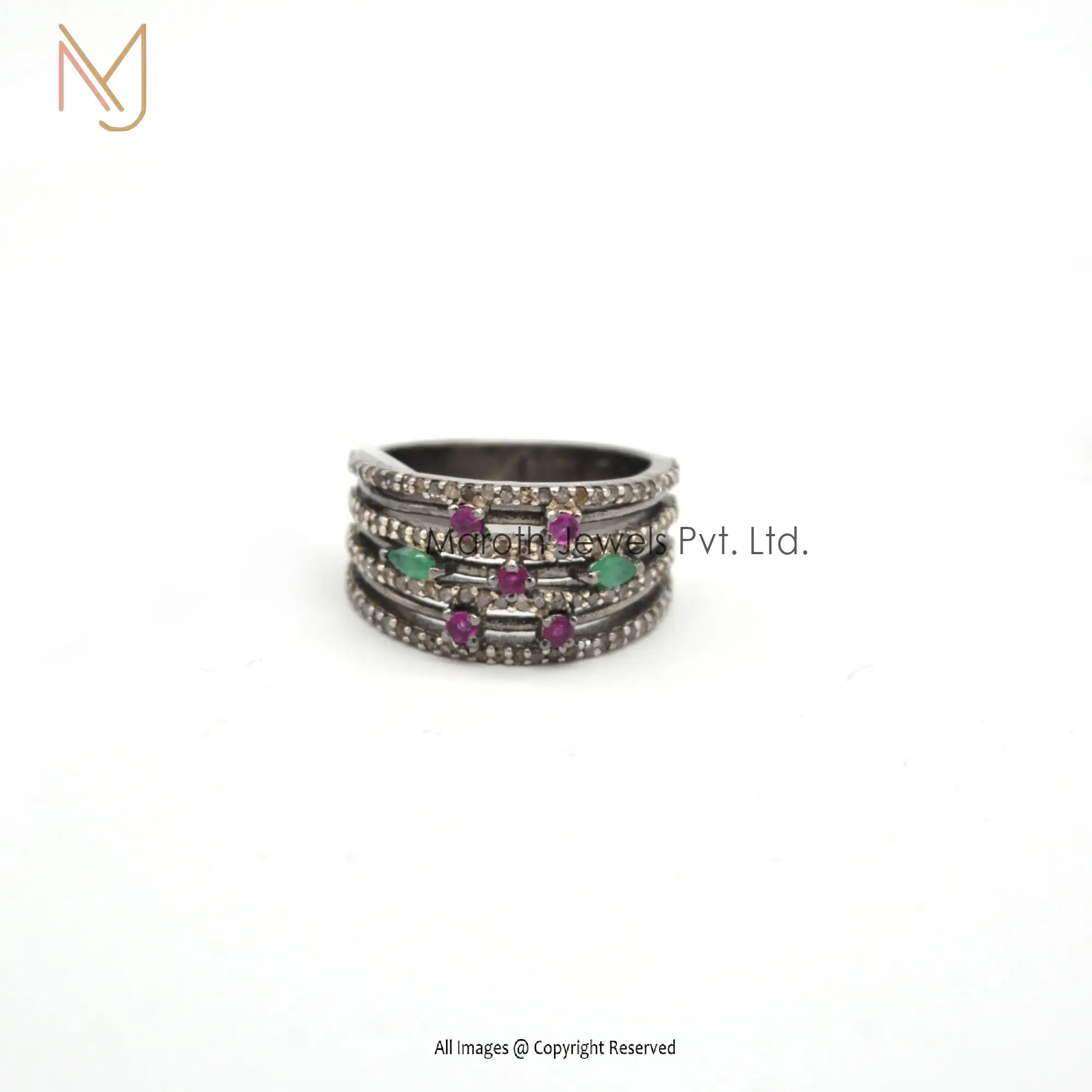 925 Silver Rhodium Plated Pave Diamond Emerald & Ruby Gemstone Band Ring Manufacturer