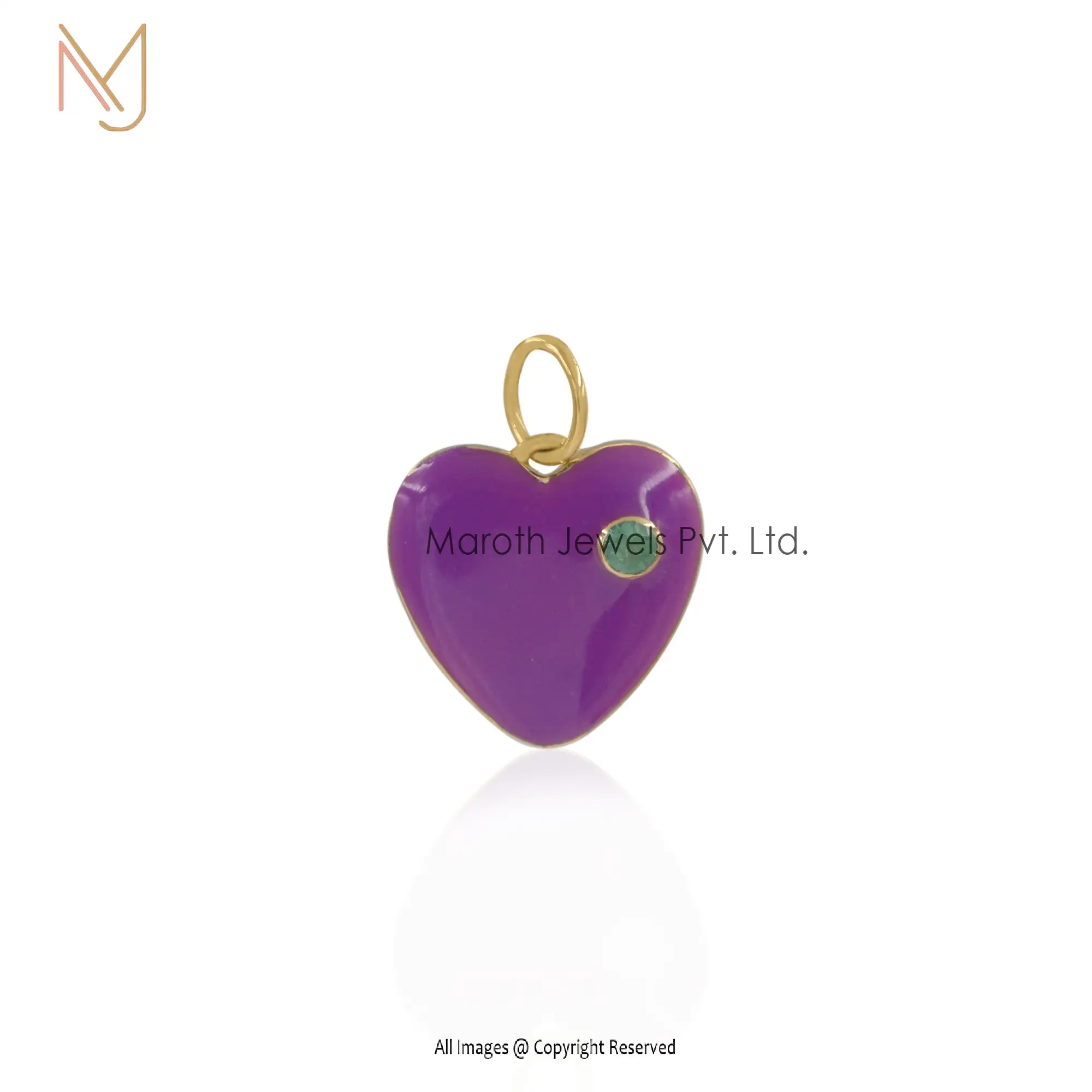 925 Silver Yellow Gold Pink Enamel & Emerald Heart Pendant Manufacturer