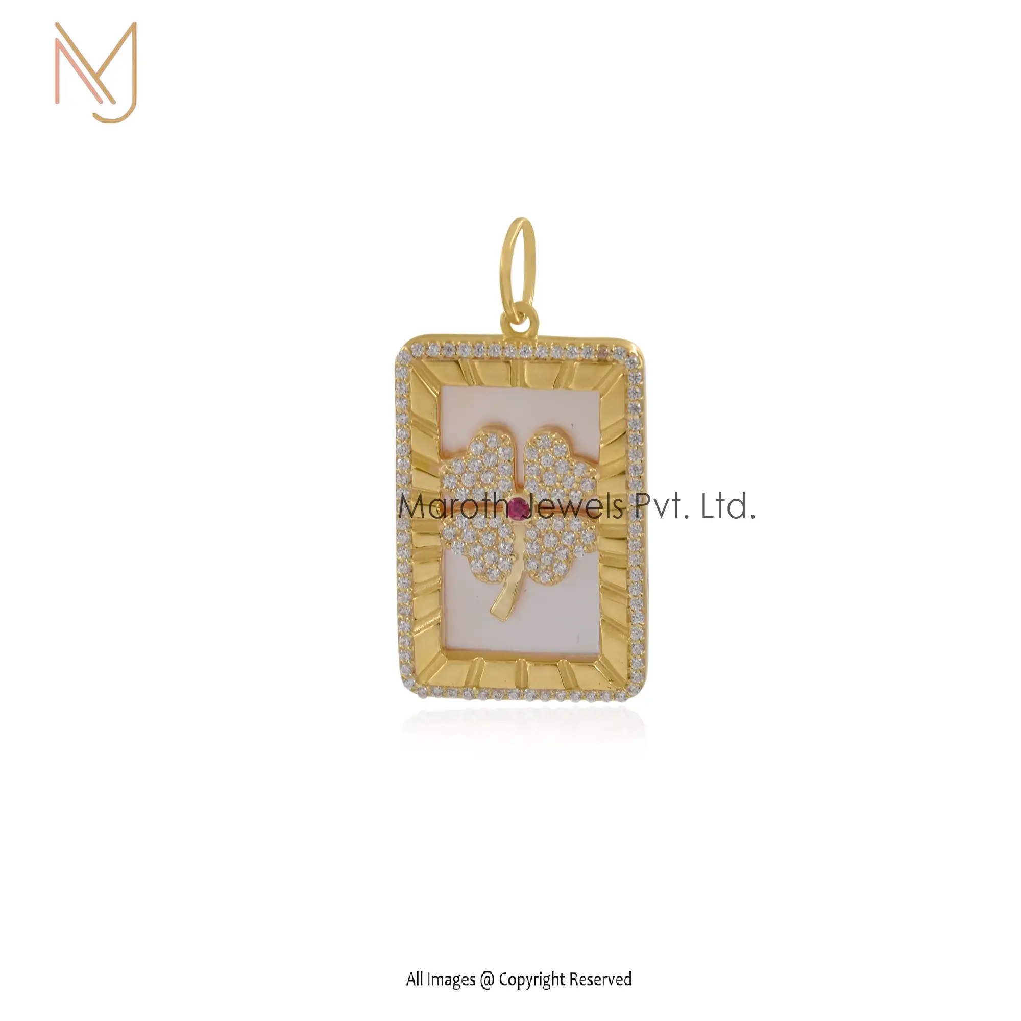 925 Silver Yellow Gold & Mother Of Pearl Cubic Zircon And Garnet Enamel Pendant Jewelry USA