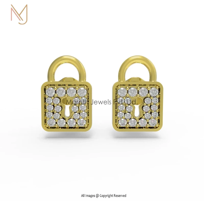 14K Yellow Gold Pave Diamond Lock Shape Studs Earring Jewelry Custom Jewelry