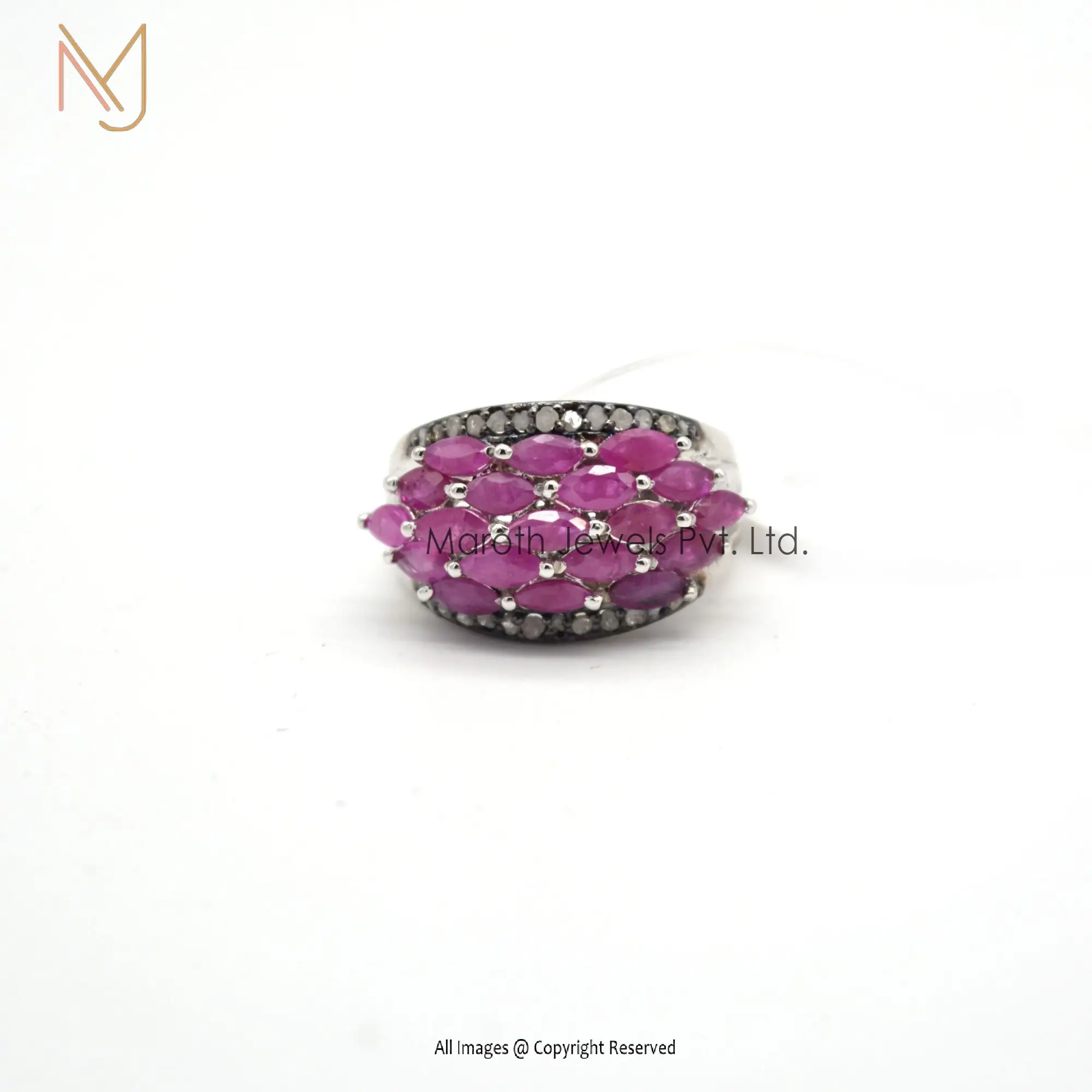 925 Silver Natural Silver Rhodium Plated Pave Diamond Ruby Gemstone Ring Manufacturer