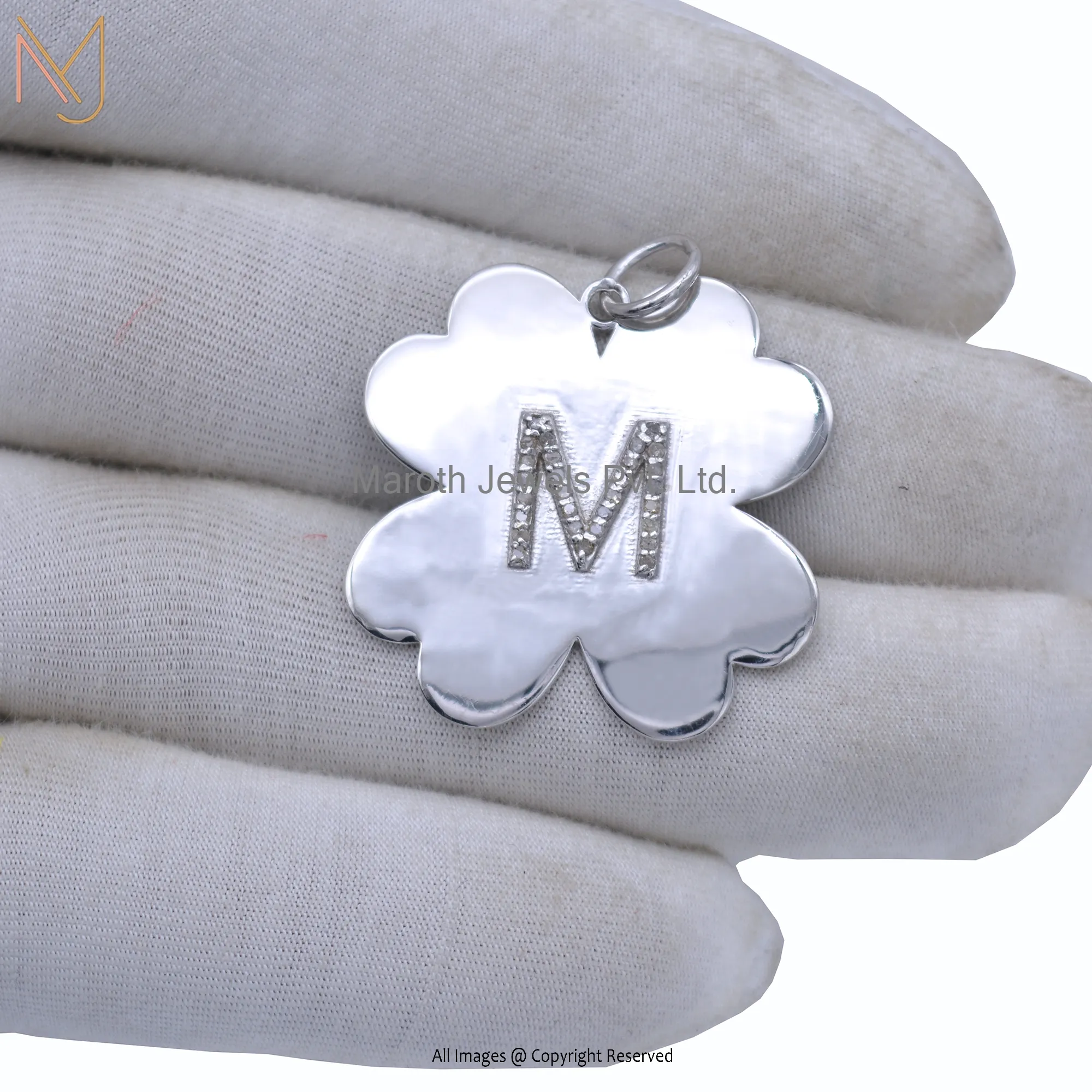 925 Silver Gold Pave Diamond Initial M Clover Pendant Custom Jewelry