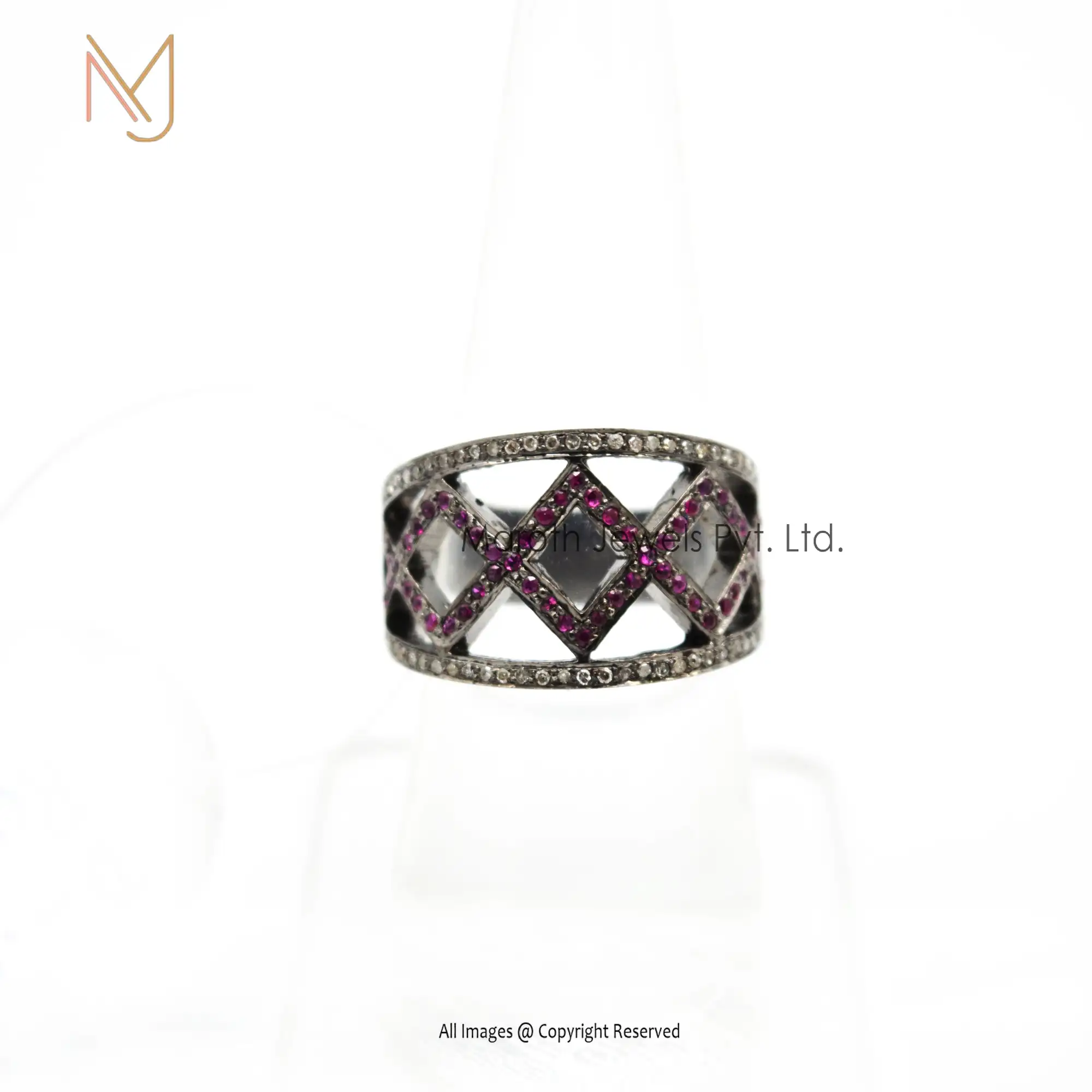 925 Silver Rhodium Plated Pave Diamond Ruby Gemstone Ring Jewelry Manufacturer