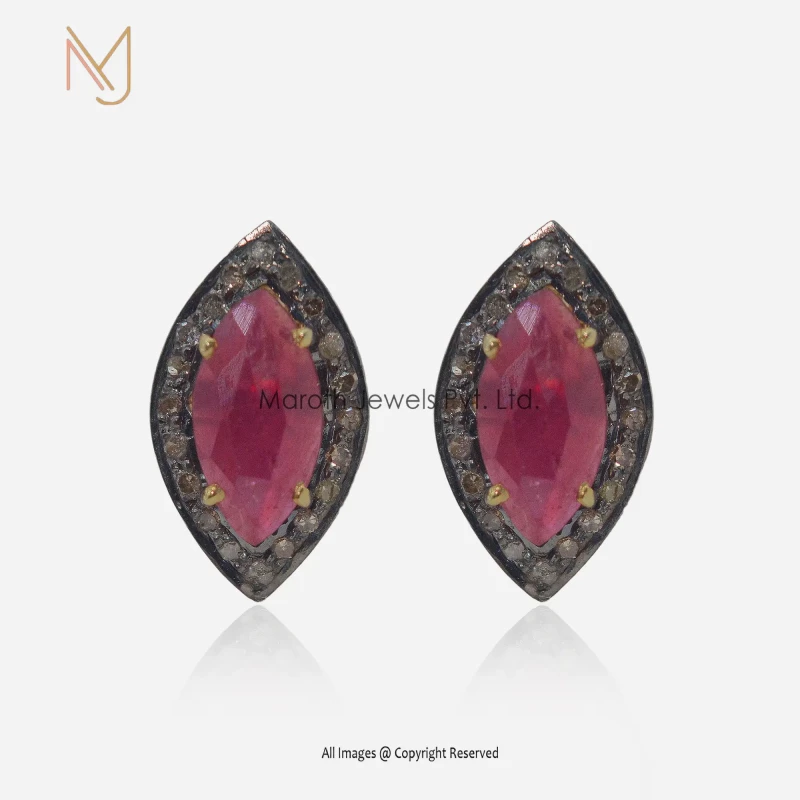 925 Silver Yellow Gold Rhodium Plated Pave Diamond Ruby Gemstone Studs Earrings Custom Jewelry