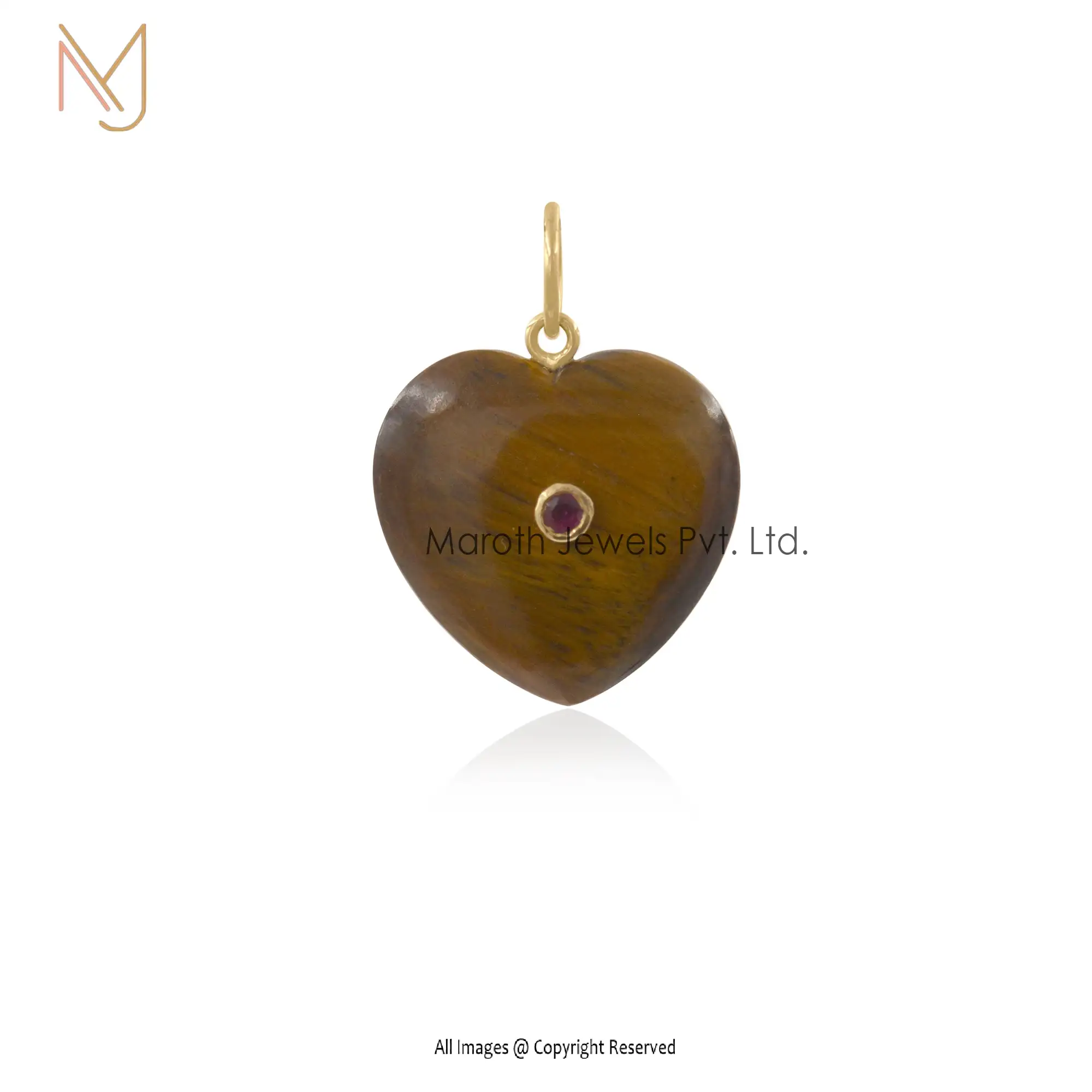 925 Silver Yellow Gold Big Stone Coral Small Stone Ruby Gemstone Heart Pendant Manufacturer