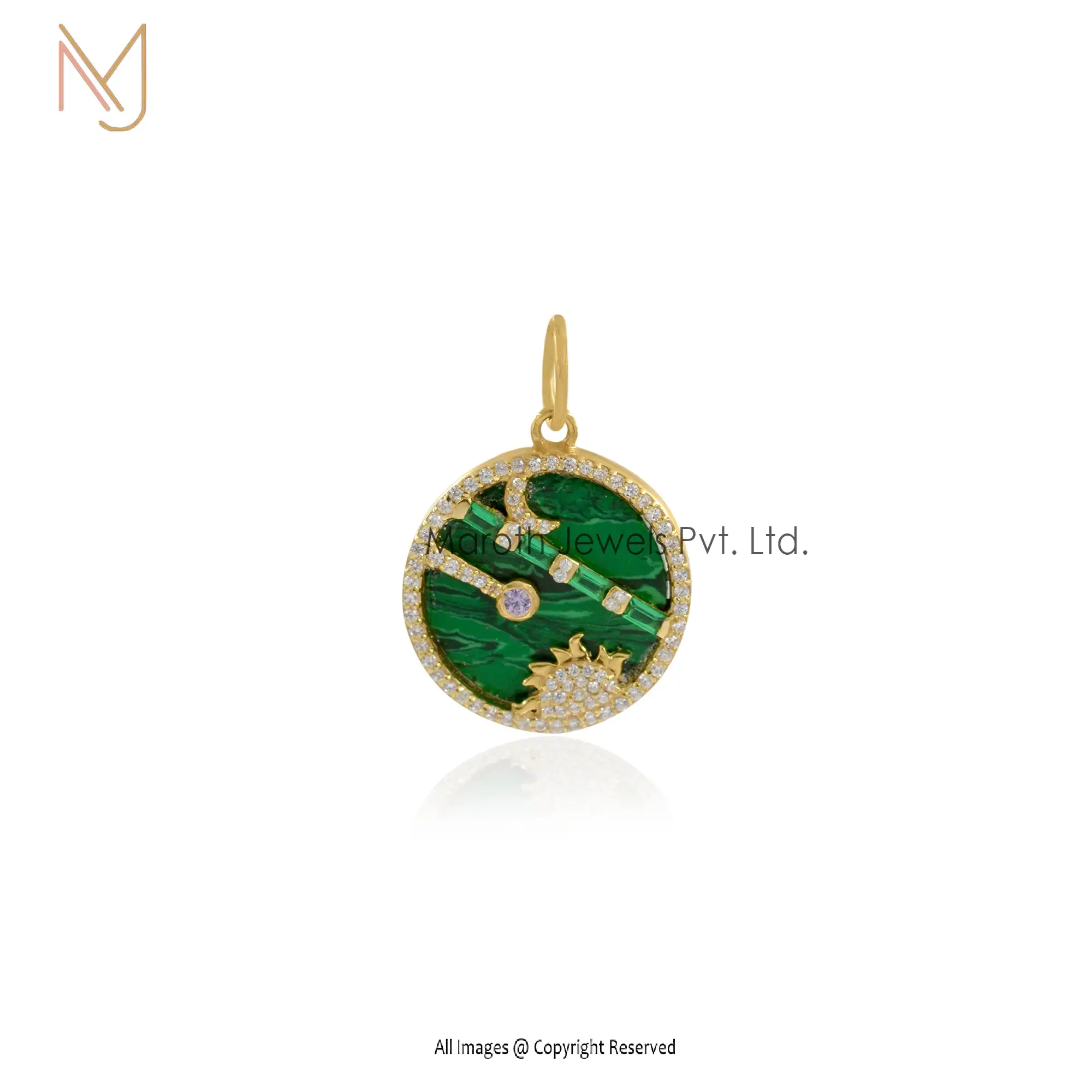 Private Lable 14K Yellow Gold Malachite & Tsavorite Amazonite Gemstone Moon Star Disc Pendant