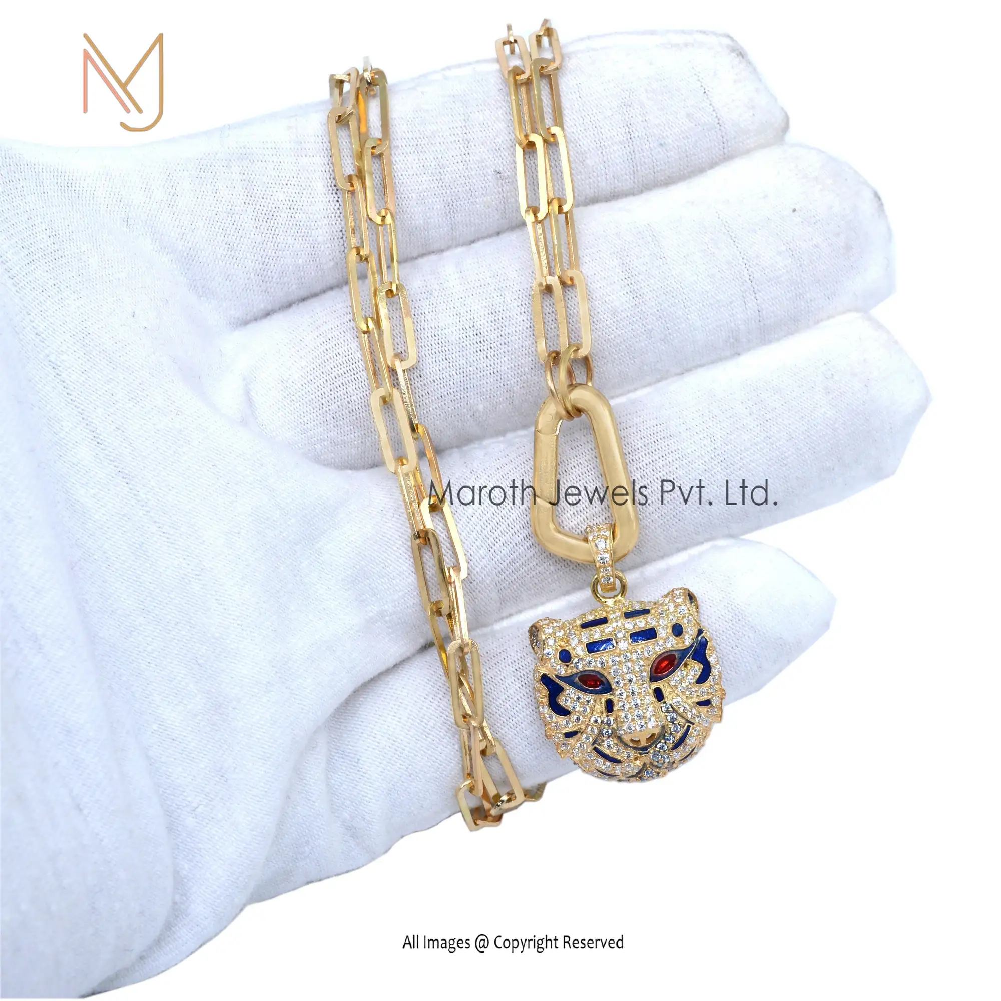 Wholesale 14K Yellow Gold Cubic Zircon Blue & Red Enamel Tiger Pendant Jewelry