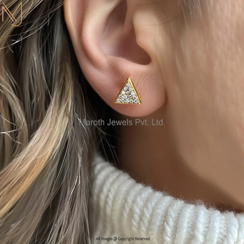 925 Sterling Silver Yellow Gold Plated White CZ Triangle Earring Custom Jewelry