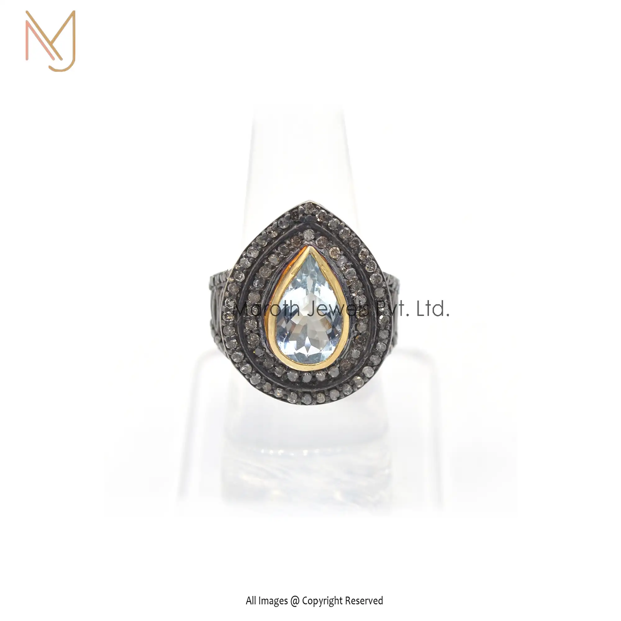 925 Silver Rhodium Yellow Gold Plated Pave Diamond Blue Topaz Gemstone Ring Manufacturer