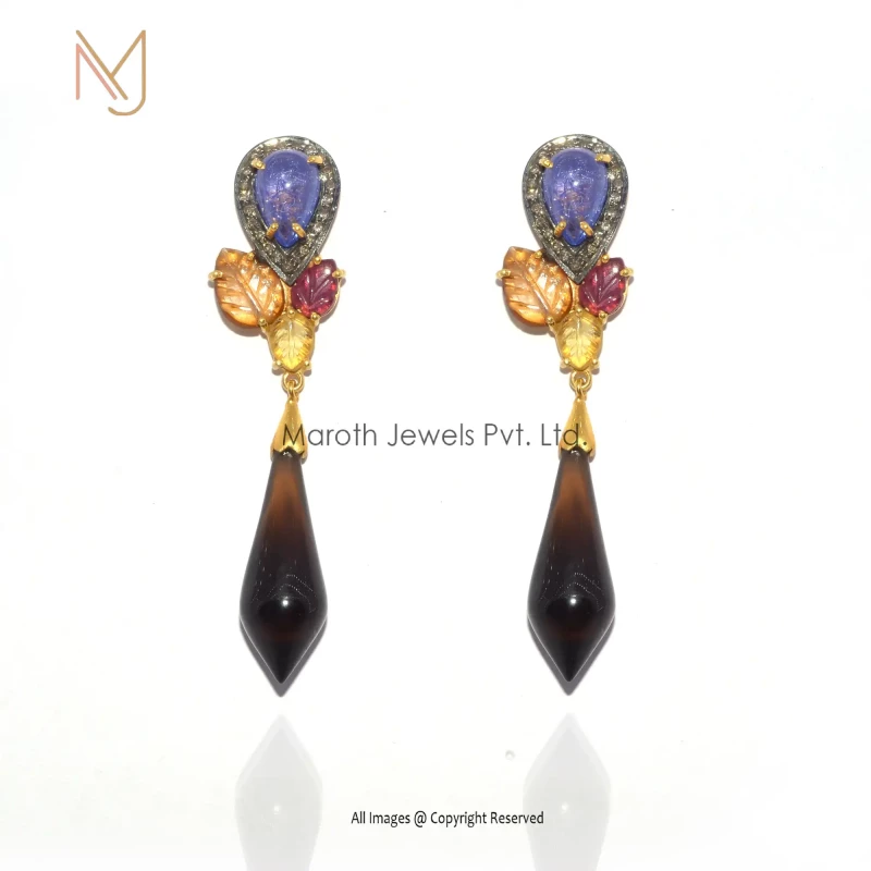 Wholesale 92.5 Silver Yellow Gold Plated Rhodium Pave Diamond Multi Gemstone Earrings