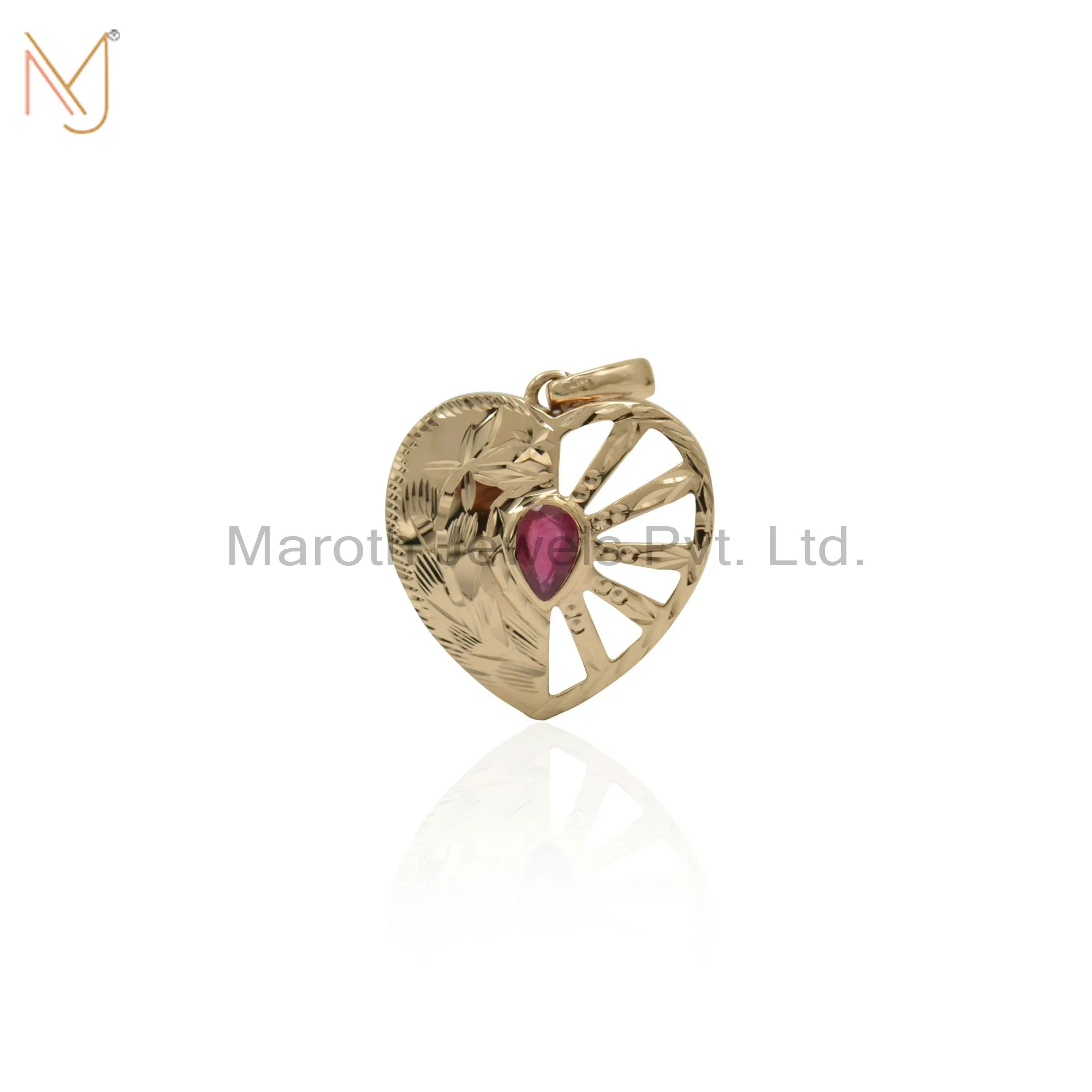 18K Yellow Gold Diamond & Ruby Heart Pendant Jewelry Manufacturer