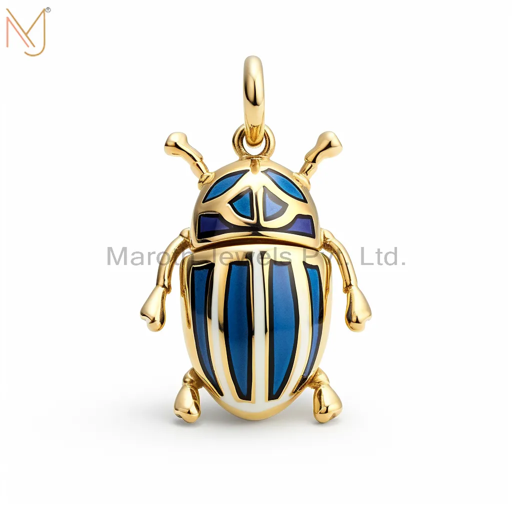 925 Sterling Silver Yellow Gold Plated Enamel Scarabs Beetle Pendant Jewelry Supplier