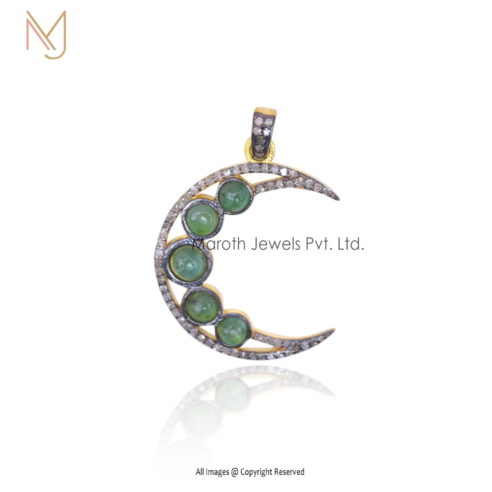 Private Label 925 Silver Yellow Gold Half Moon Pendant Emerald & Pave Diamond Jewelry