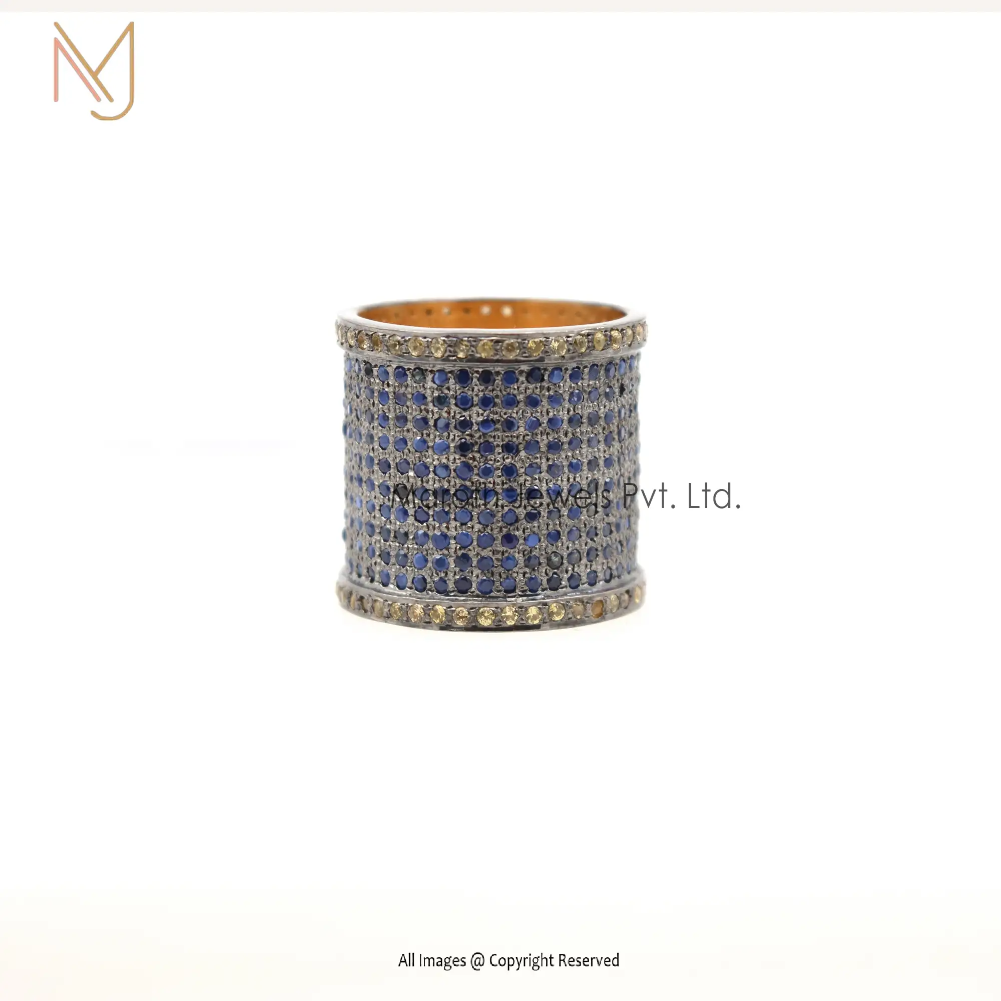 Wholesale 925 Silver Yellow Gold Rhodium Plated Blue Sapphire Gemstone Cigar Band Ring