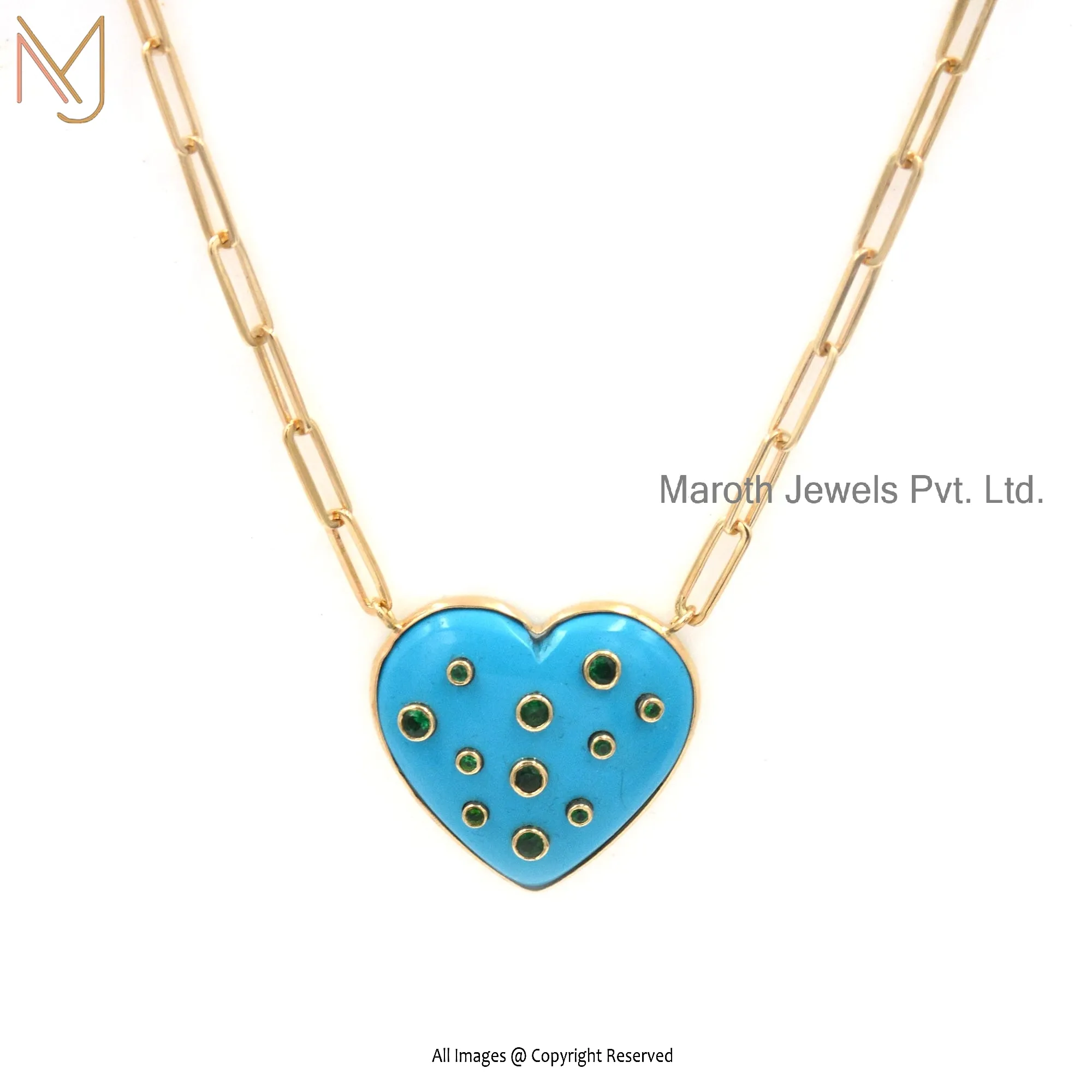 Wholesale 925 Silver Yellow Gold Plated Turquoise & Green Cz Heart Necklace Jewelry