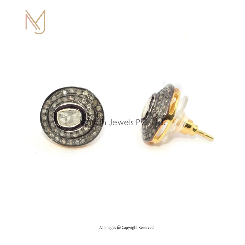 925 Silver Yellow Gold Rhodium Plated Pave Diamond & Rose Cut Diamond Designer Studs Earrings Jewelry Manufacturer