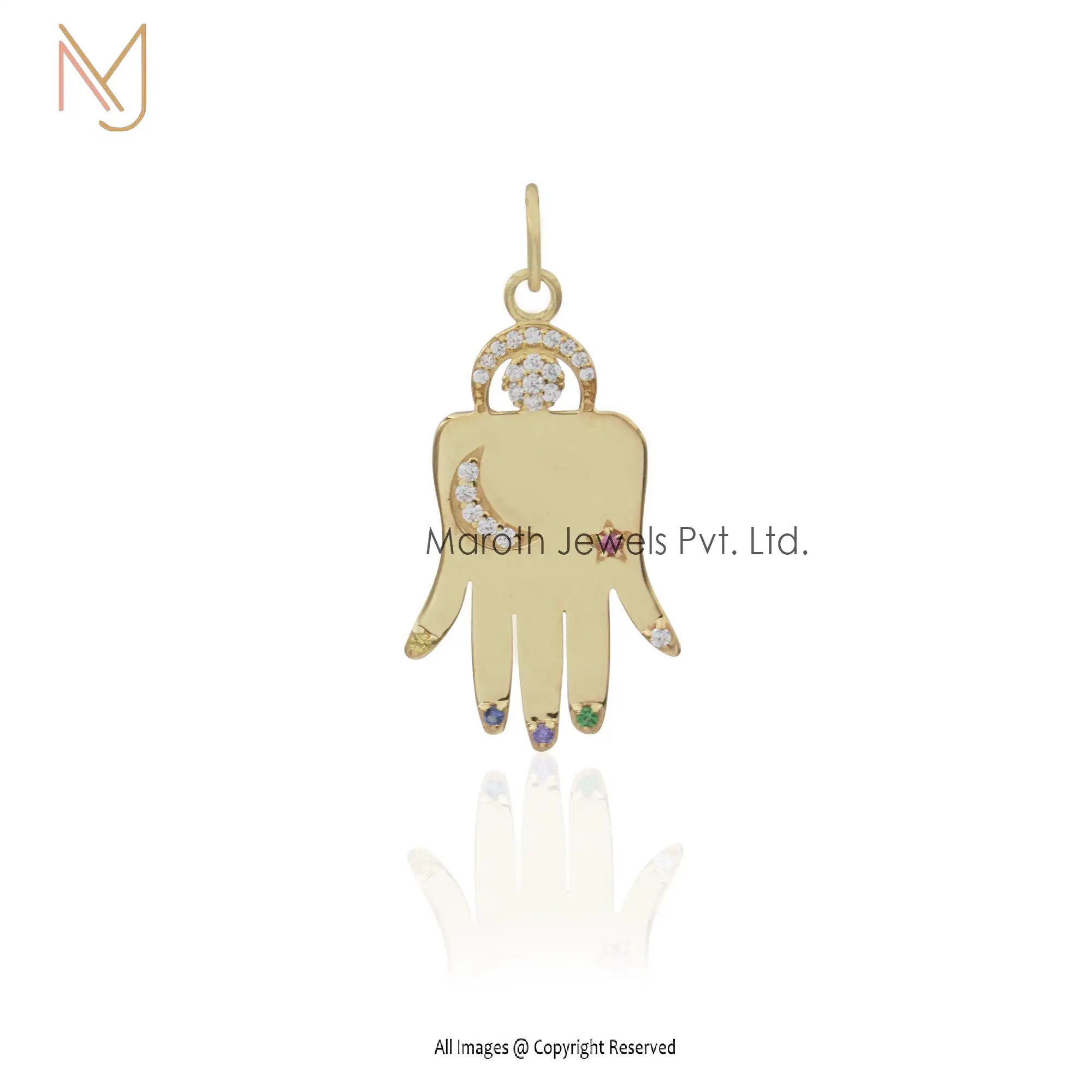 925 Silver Yellow Gold Plated Multi Colour Stone Hamsa Pendant Jewelry USA