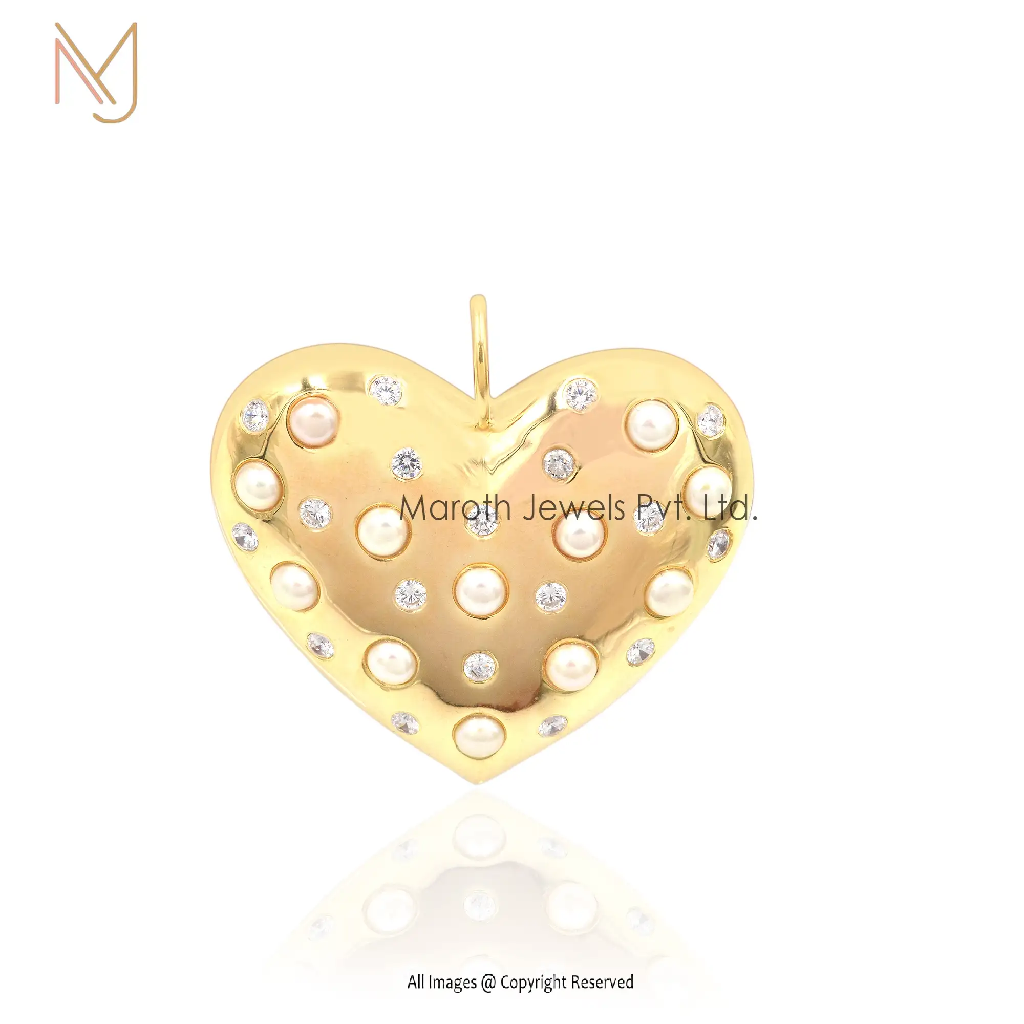 925 Silver Yellow Gold Plated Cubic Zircon & Pearl Heart Pendant Jewelry Supplier