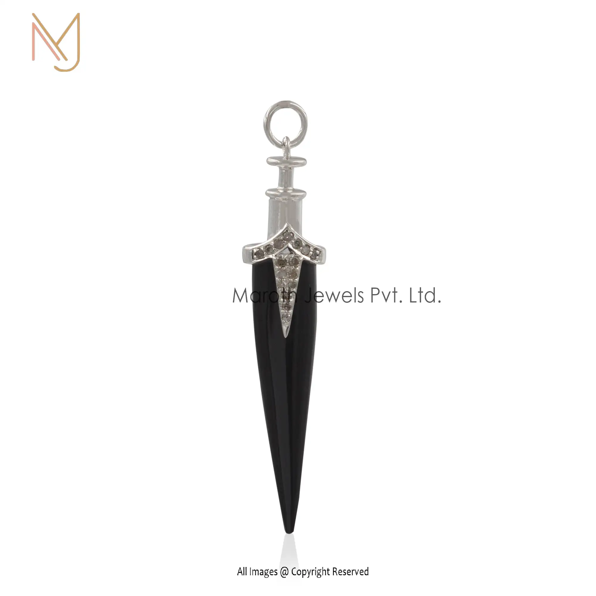 925 Silver Yellow Gold Black Onyx & Diamond Dagger Pendant Custom Jewelry