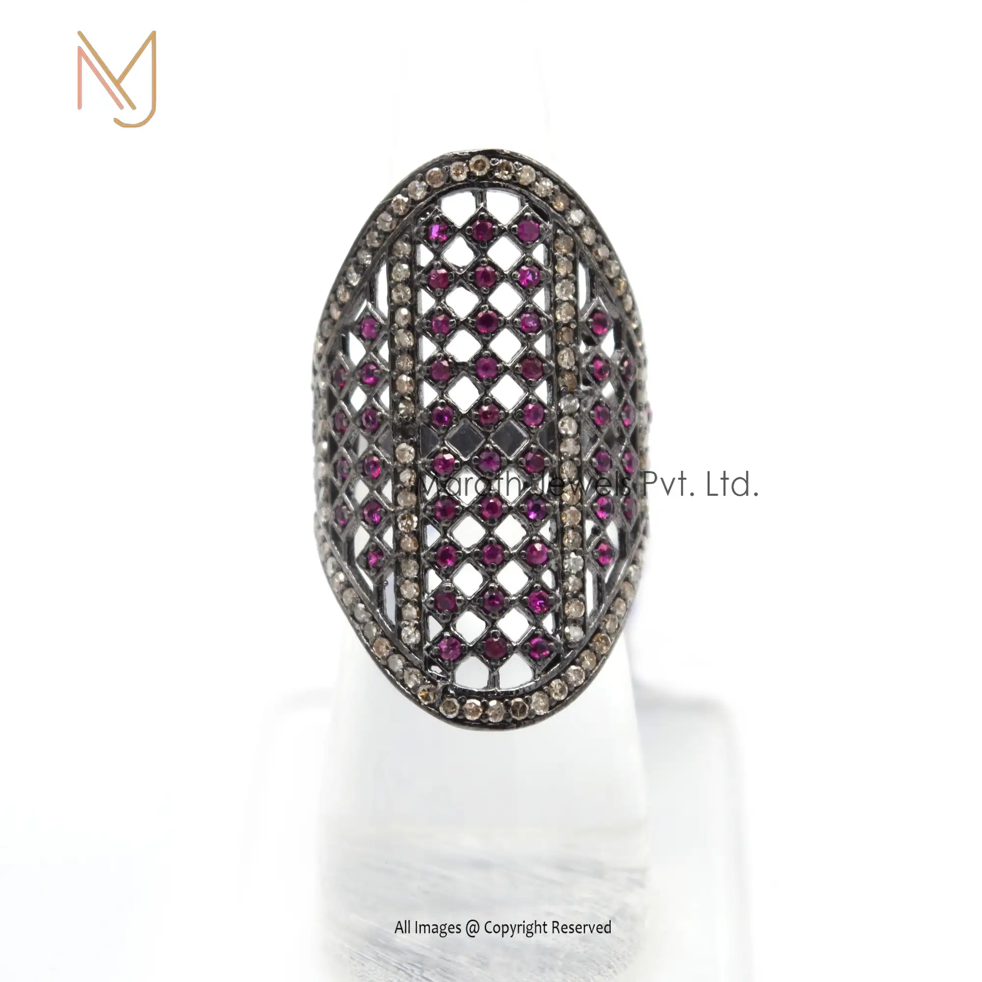 925 Silver Rhodium Plated Pave Diamond & Ruby Gemstone Ring Manufacturer