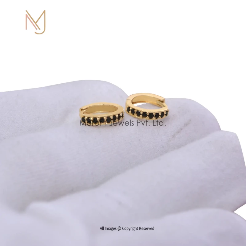 14k Yellow Gold Plated Black Diamond Huggies Earrings Jewelry Manufacturer