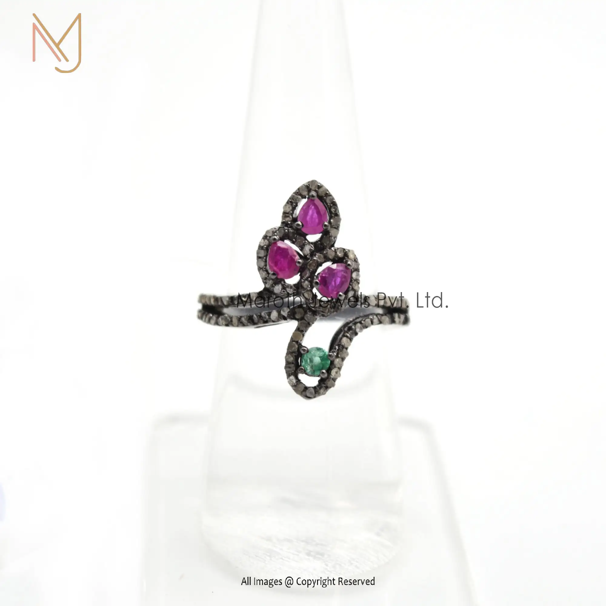 925 Silver Rhodium Plated Pave Diamond Emerald And Ruby Gemstone Ring Manufacturer