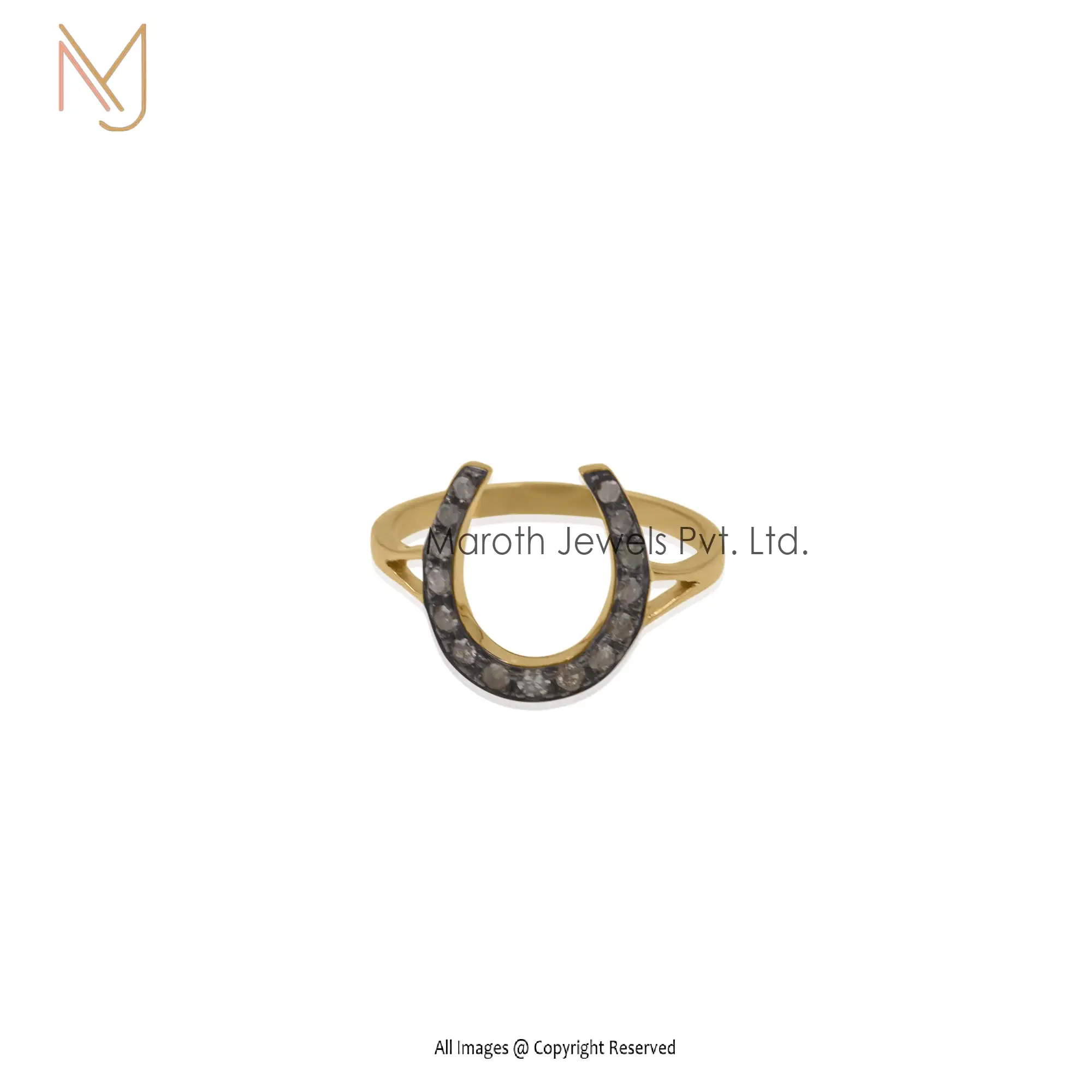 Private Label 9K Yellow Gold Rhodium Diamond Horseshoe Ring