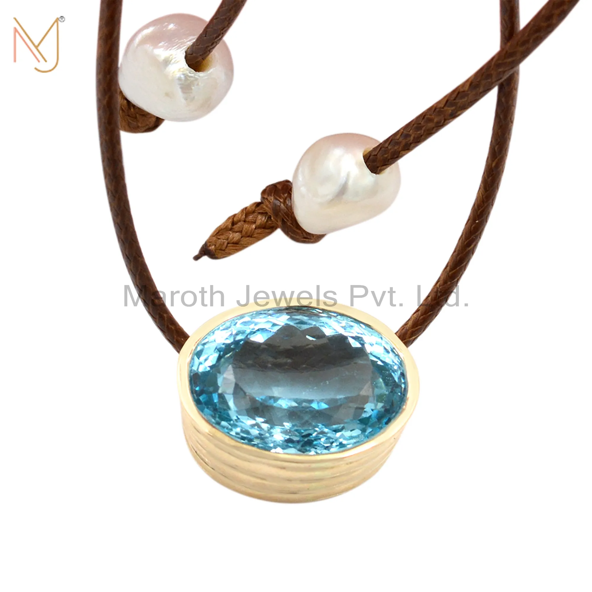 925 Silver Gold Blue Topaz Leather Cord Chain Necklace Custom Jewelry