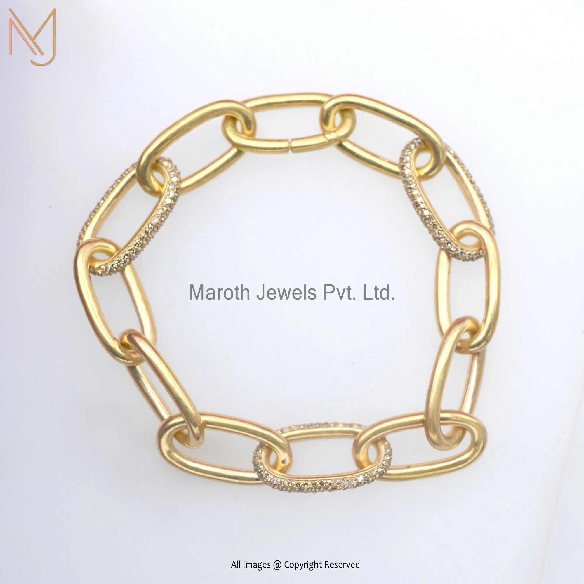 Wholesale 925 Silver Yellow Gold Plated Pave Diamond Oval Link Chain Bracelet