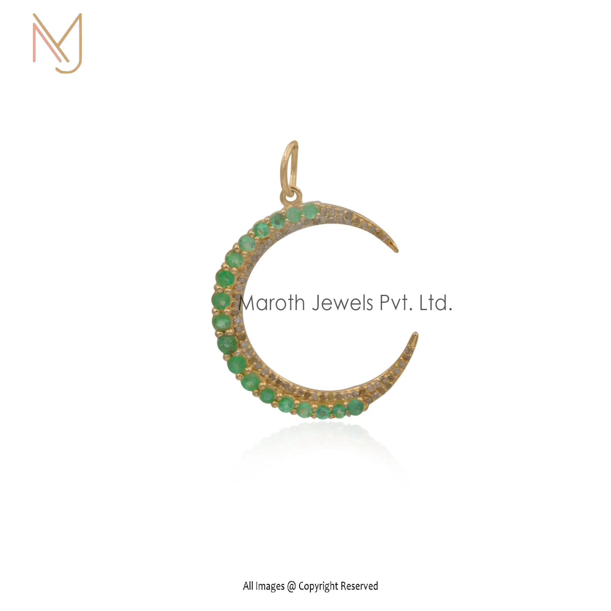 Private Lable 925 Silver Yellow Gold Pave Diamond Emerald Plated Moon Pendant Jewelry