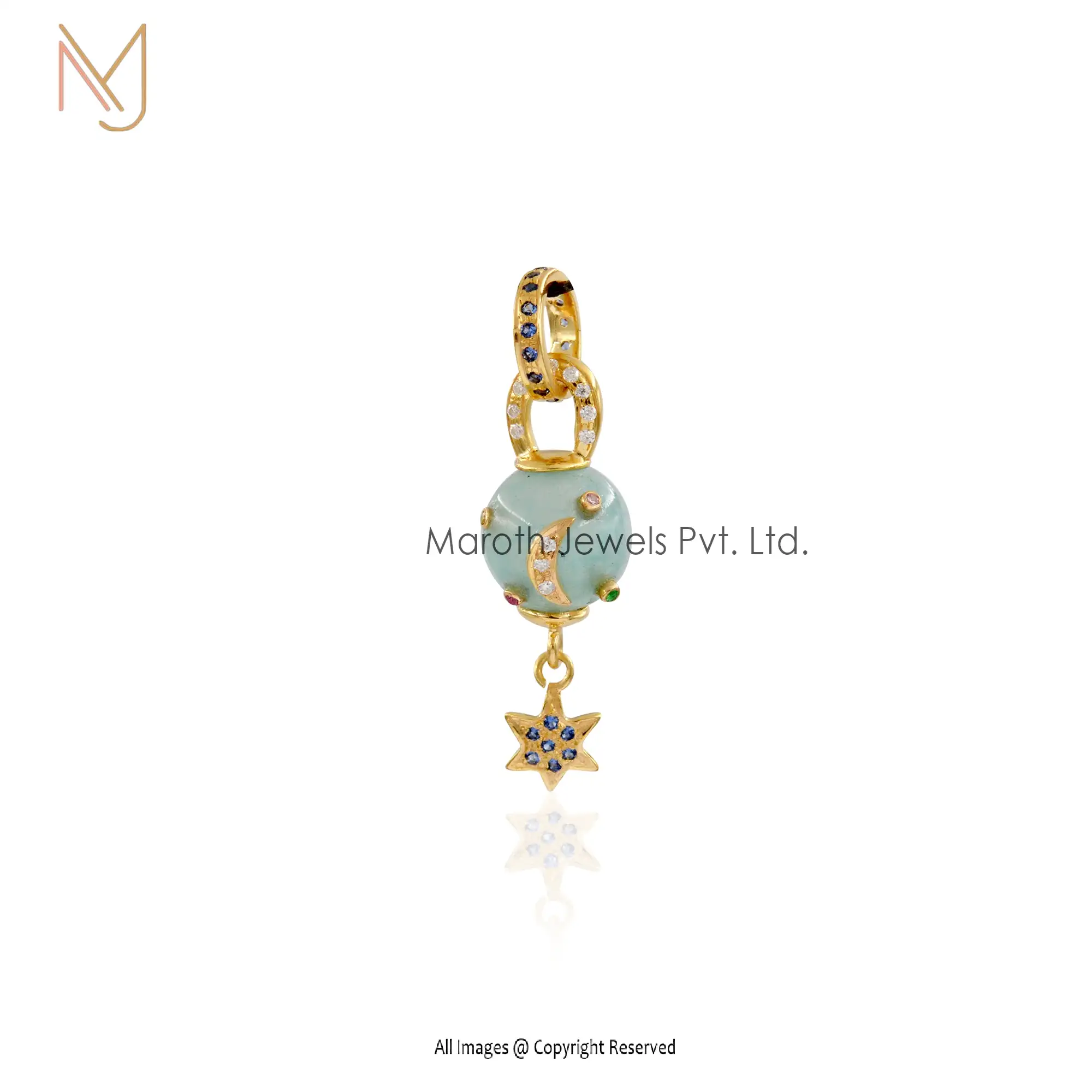 925 Silver Yellow Gold Pearl & Moissanite And Blue Sapphire Moonstar Ball Pendant Jewelry USA